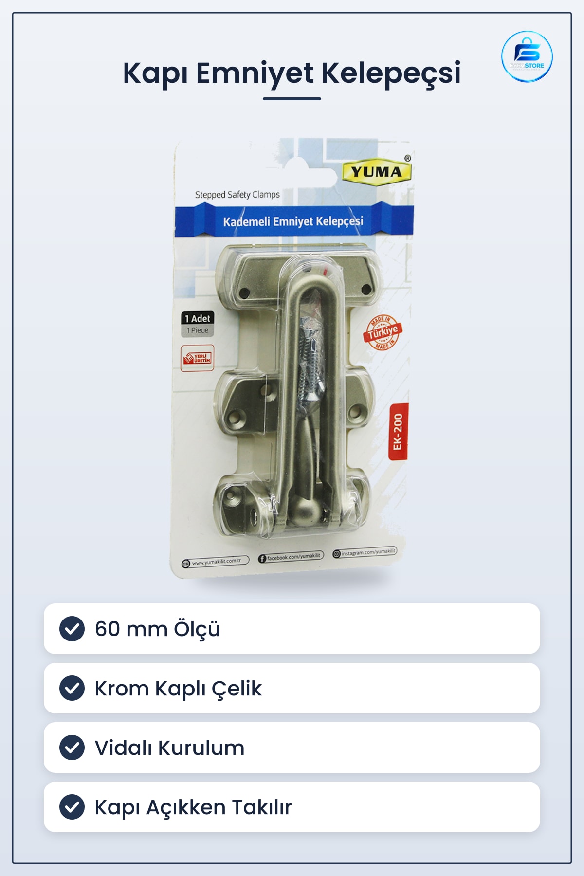 Kademeli Emniyet Kelepçesi Krom Çelik 60 mm Kapı Hırdavatı Ev İşyeri Güvenlik Bariyeri