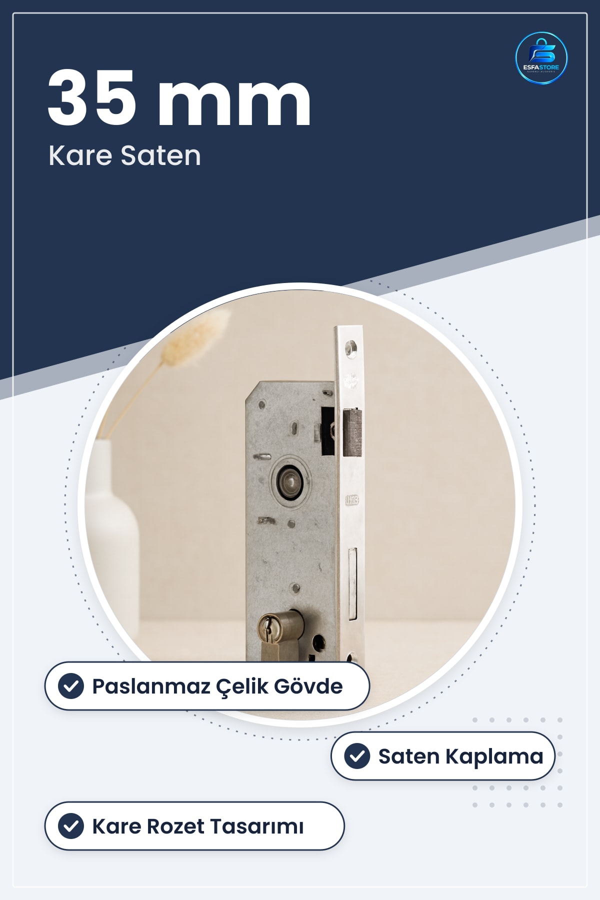 Kilit Silindir Gömme 35 mm Kare Saten Paslanmaz Çelik Kapı Kilidi Daire Ofis İç Mekan