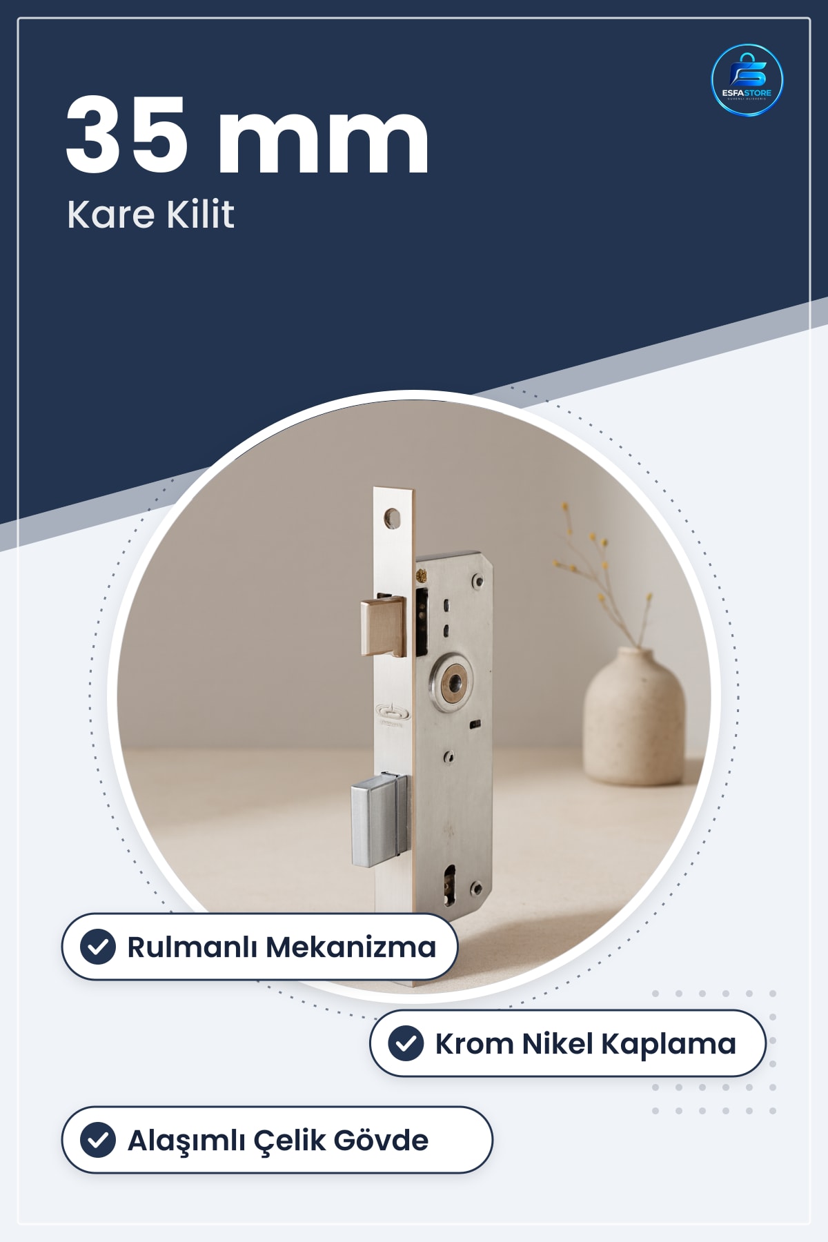 Oda Gömme Kilit 35 mm Kare Rulmanlı Kapı Hırdavatı Alaşımlı Çelik Krom Nikel Kaplama Banyo Ofis