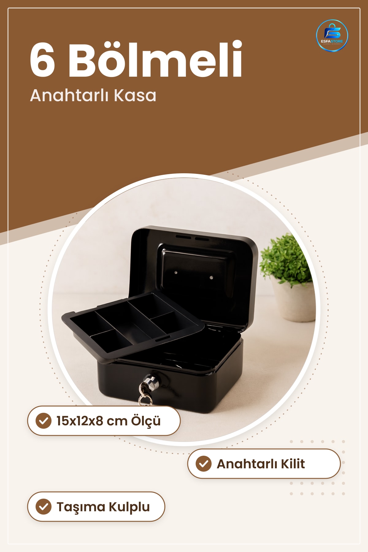 Kasa Anahtarlı Metal Para Kutusu 15x12x8 cm 6 Bölmeli Taşıma Kulplu Ofis Ev Güvenli Saklama