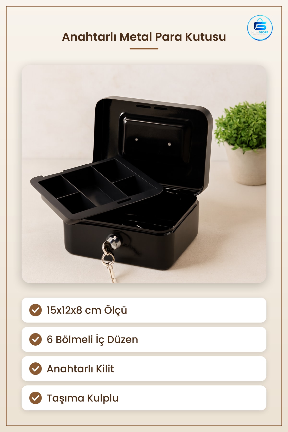 Kasa Anahtarlı Metal Para Kutusu 15x12x8 cm 6 Bölmeli Taşıma Kulplu Ofis Ev Güvenli Saklama