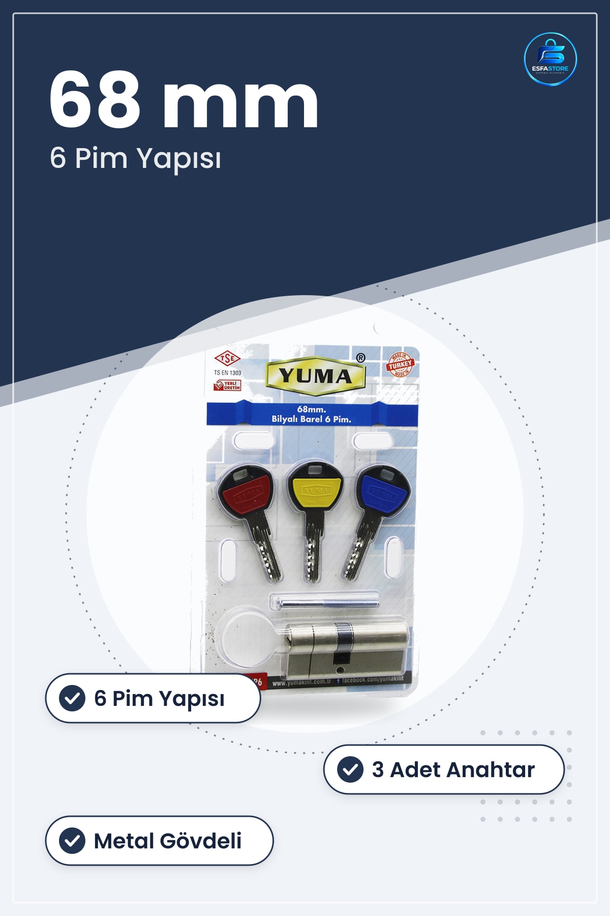Bilyalı Barel Silindir 68mm 6 Pim Kapı Hırdavatı Üç Anahtarlı Metal Gövdeli Güvenlik Kilidi