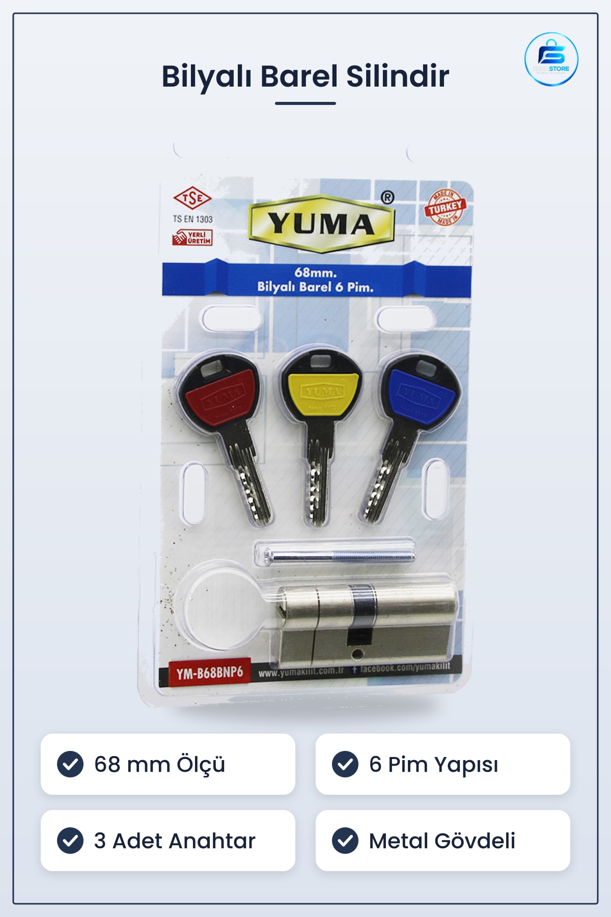 Bilyalı Barel Silindir 68mm 6 Pim Kapı Hırdavatı Üç Anahtarlı Metal Gövdeli Güvenlik Kilidi