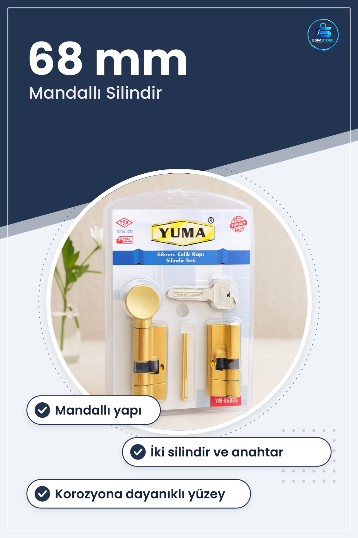 Çelik Barel 68 mm Mandallı Silindir Seti Anahtarlı Kapı Hırdavatı Yedek Kilit Mekanizması