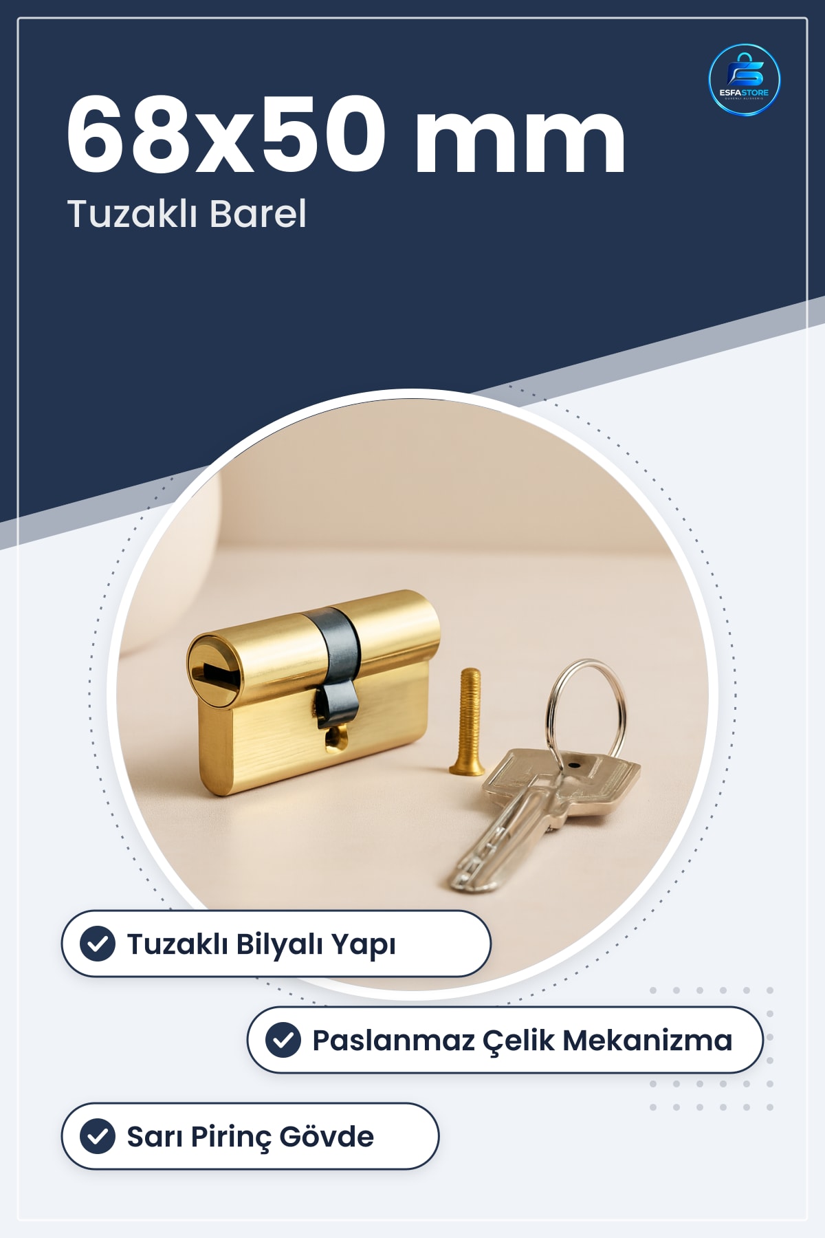 Kilit Barel Tuzaklı Bilyalı Sarı Pirinç 68x50 mm Kapı Güvenlik Kilidi Paslanmaz Çelik Mekanizma