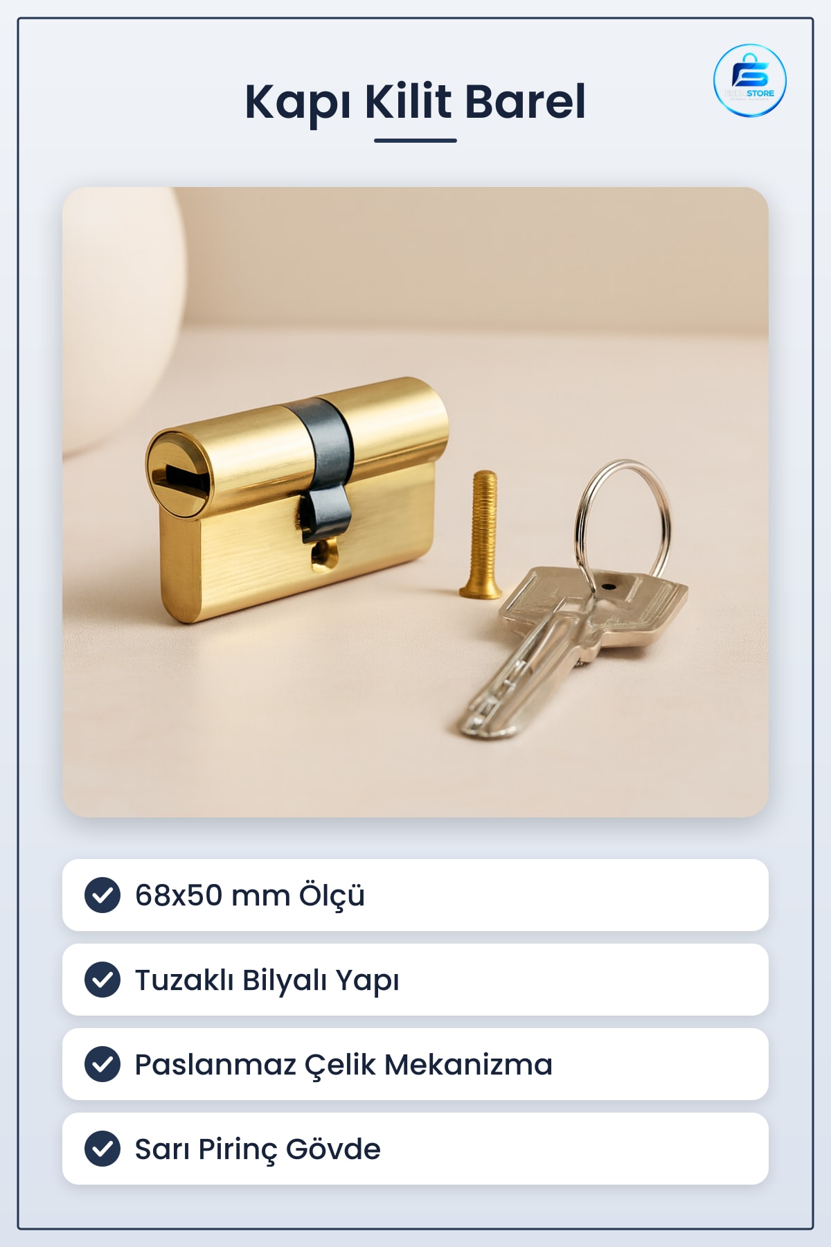Kilit Barel Tuzaklı Bilyalı Sarı Pirinç 68x50 mm Kapı Güvenlik Kilidi Paslanmaz Çelik Mekanizma