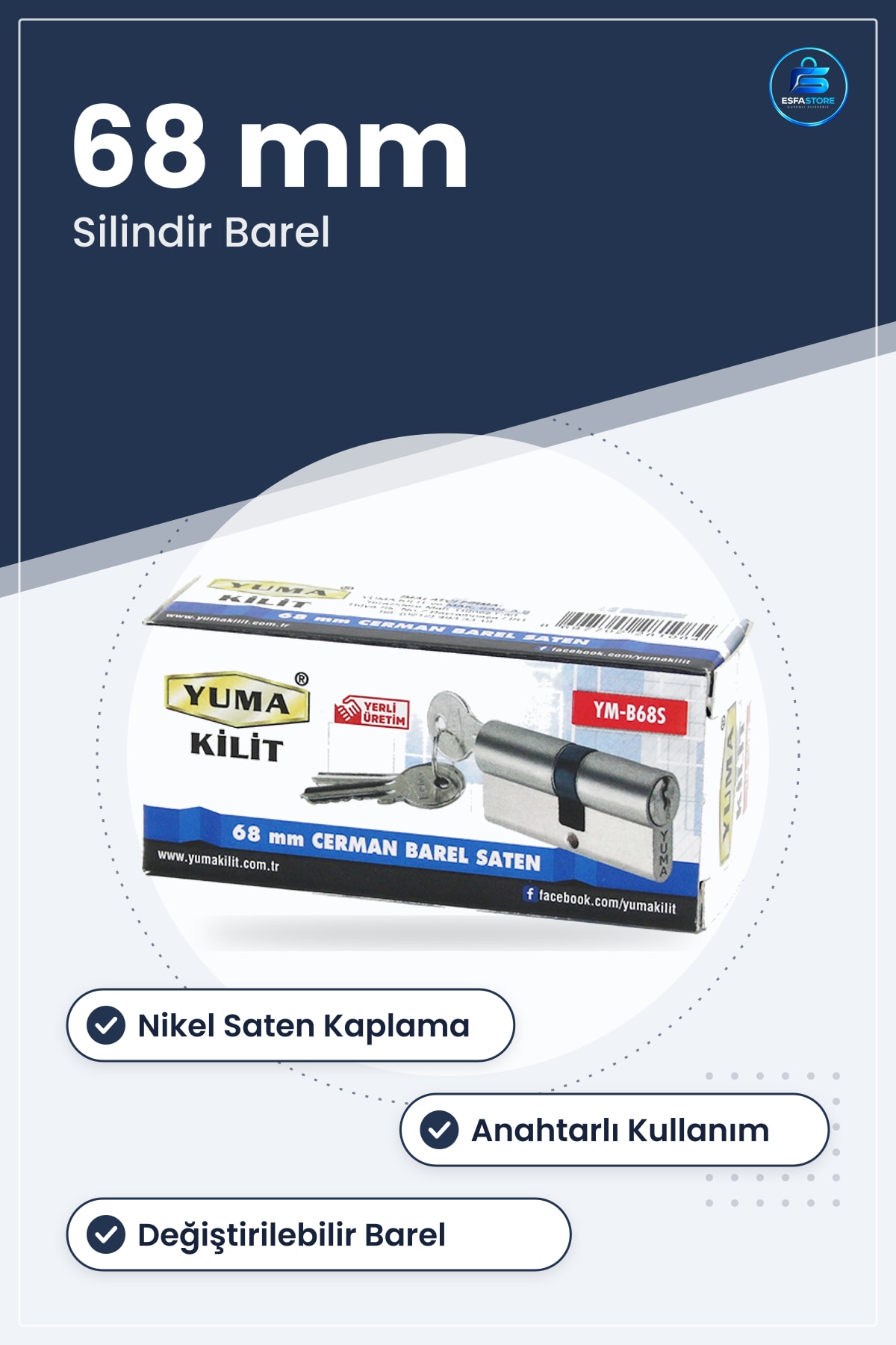 Silindir Barel Kilit Nikel Saten 68MM Kapı Güvenlik Kilidi Anahtarlı Değiştirilebilir Ev İş Yeri