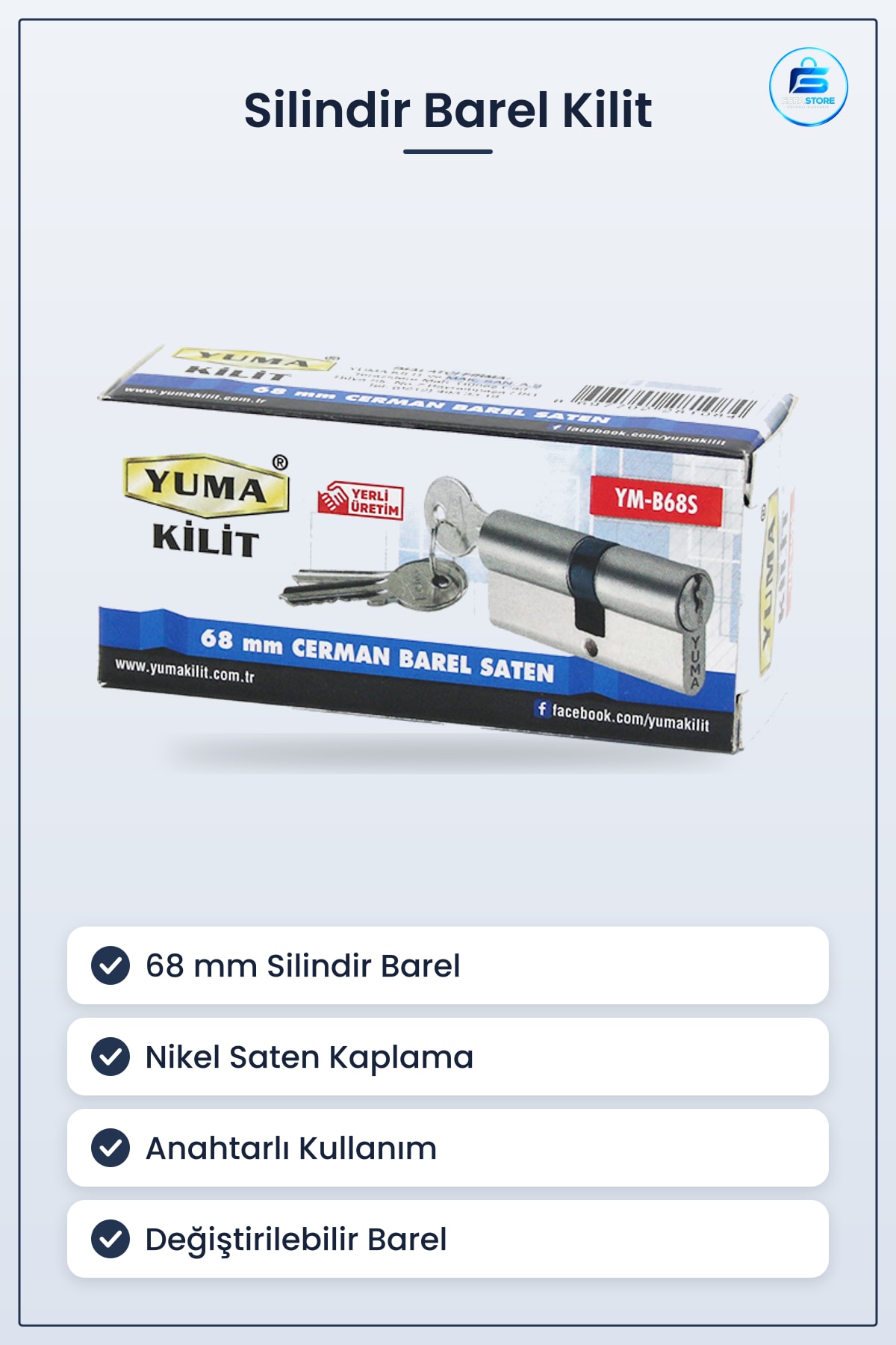 Silindir Barel Kilit Nikel Saten 68MM Kapı Güvenlik Kilidi Anahtarlı Değiştirilebilir Ev İş Yeri