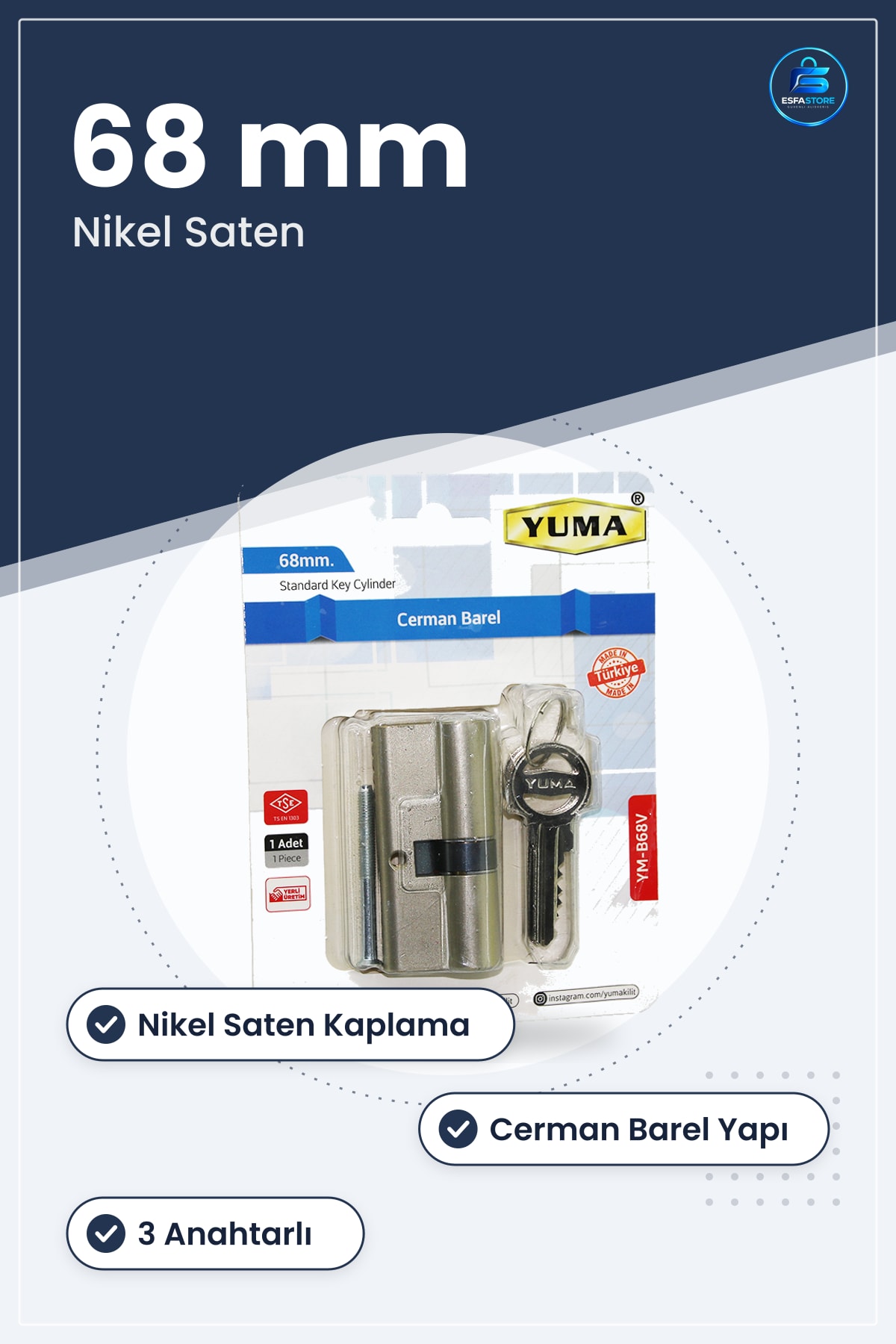 Kilit Silindiri 68 mm Nikel Saten Cerman Barel 3 Anahtarlı Kapı Kilidi Ev İşyeri Alaşım