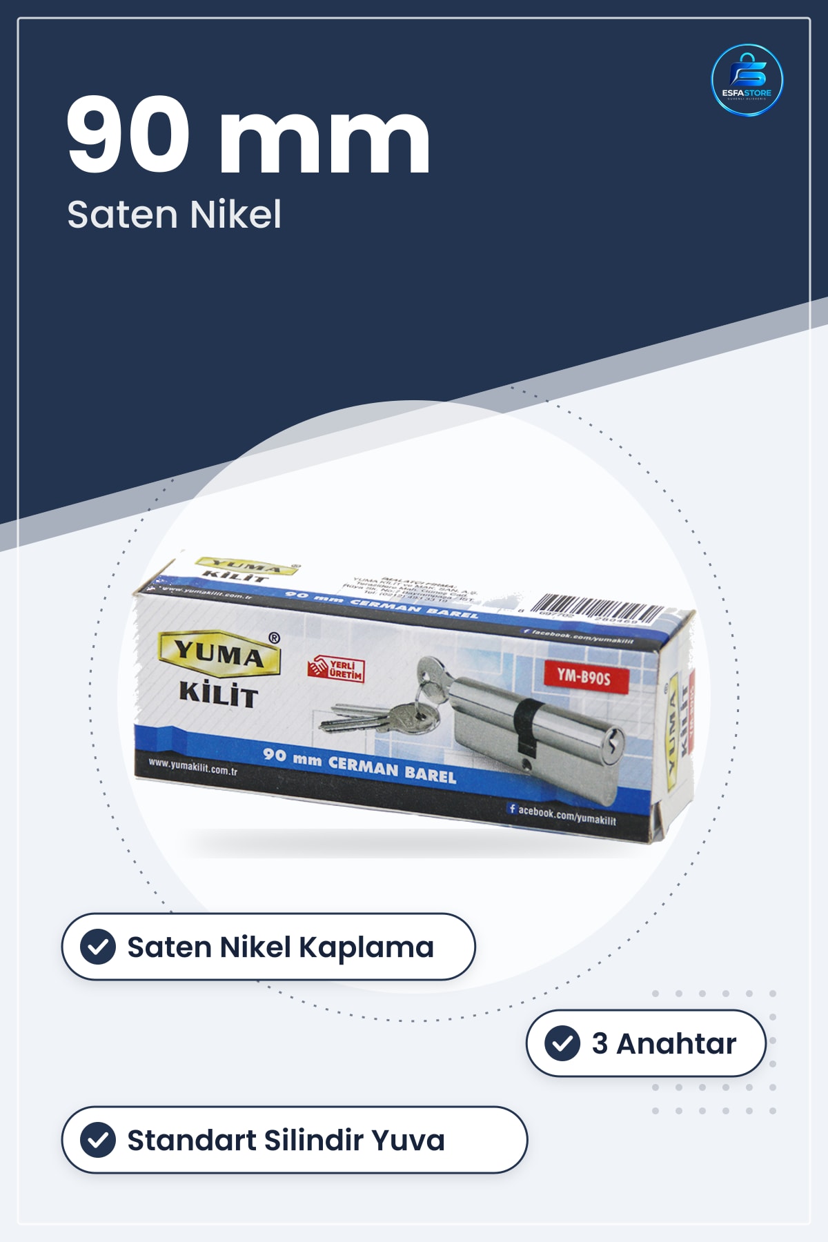 Saten Nikel Silindir Barel 90 mm Cerman Kapı Kilidi Hırdavatı 3 Anahtarlı Güvenlik Kilit Silindiri