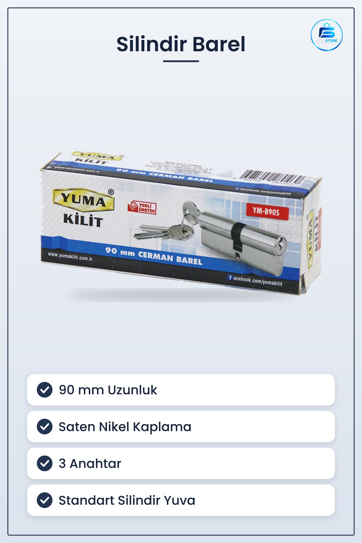 Saten Nikel Silindir Barel 90 mm Cerman Kapı Kilidi Hırdavatı 3 Anahtarlı Güvenlik Kilit Silindiri