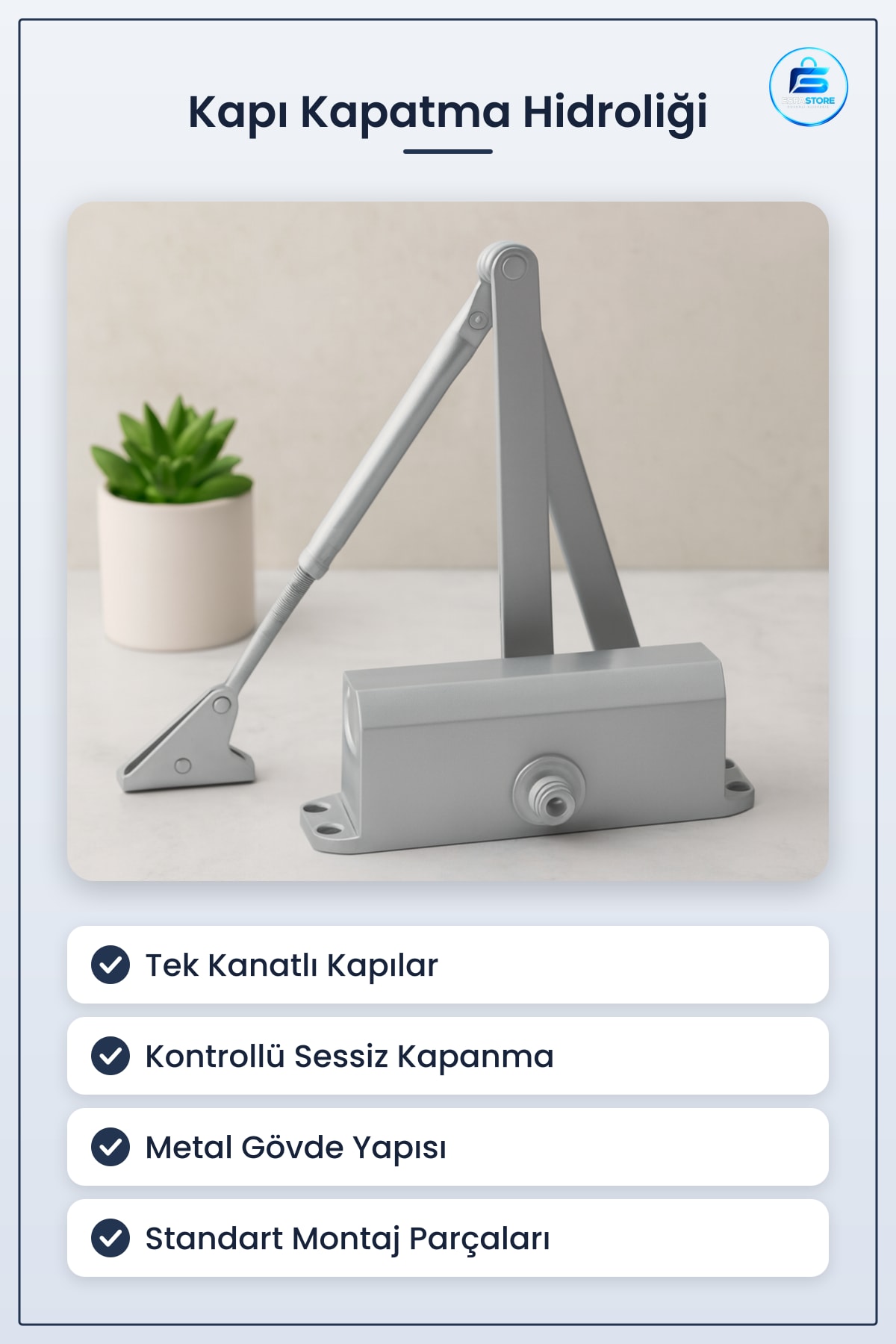 Kapı Kapatma Hidroliği Metal Gövdeli Sessiz Kontrollü Hırdavatı Konut Ofis Ticari Tek Kanatlı
