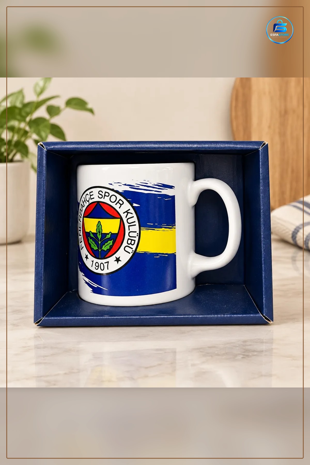 Seramik Taraftar Kupası Sarı Lacivert Takım Logolu Hediyelik Kutulu Çay Kahve Sporsever
