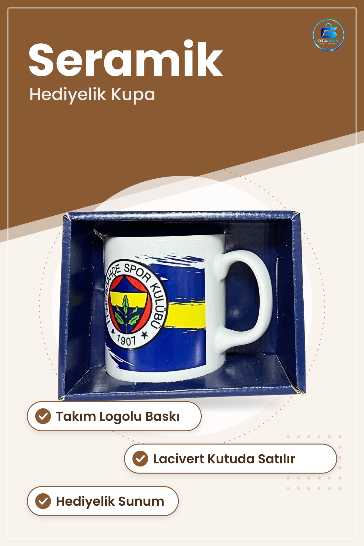 Seramik Taraftar Kupası Sarı Lacivert Takım Logolu Hediyelik Kutulu Çay Kahve Sporsever