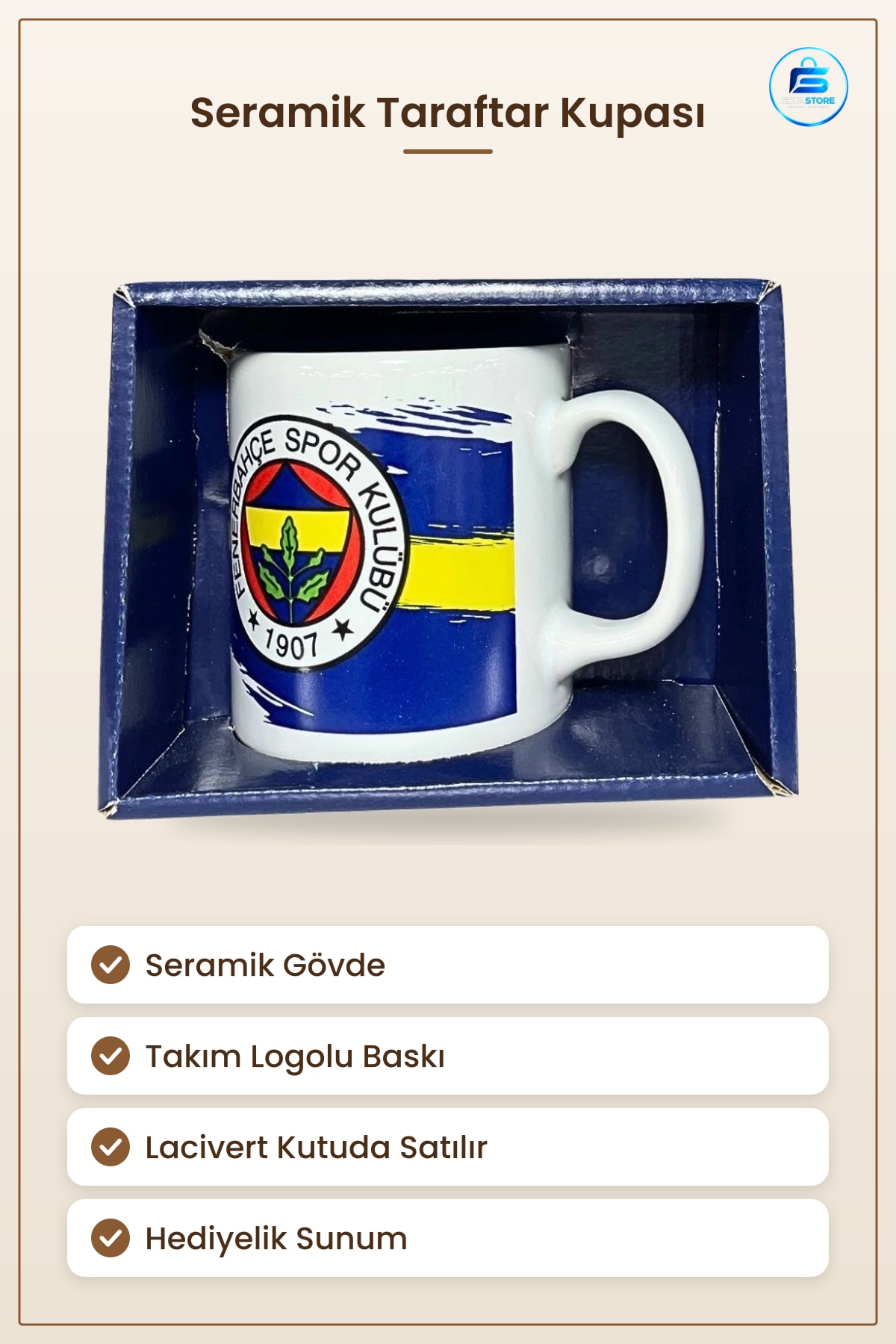 Seramik Taraftar Kupası Sarı Lacivert Takım Logolu Hediyelik Kutulu Çay Kahve Sporsever