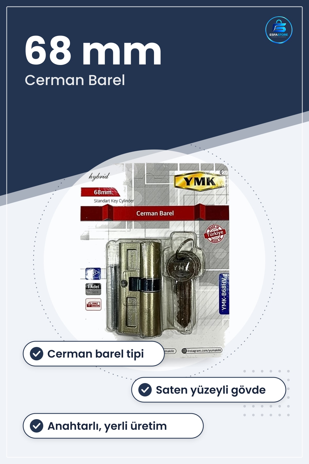 Kilit Barel Silindiri 68mm Cerman Saten Yüzeyli Kapı Kilidi Standart Anahtarlı Yerli Üretim