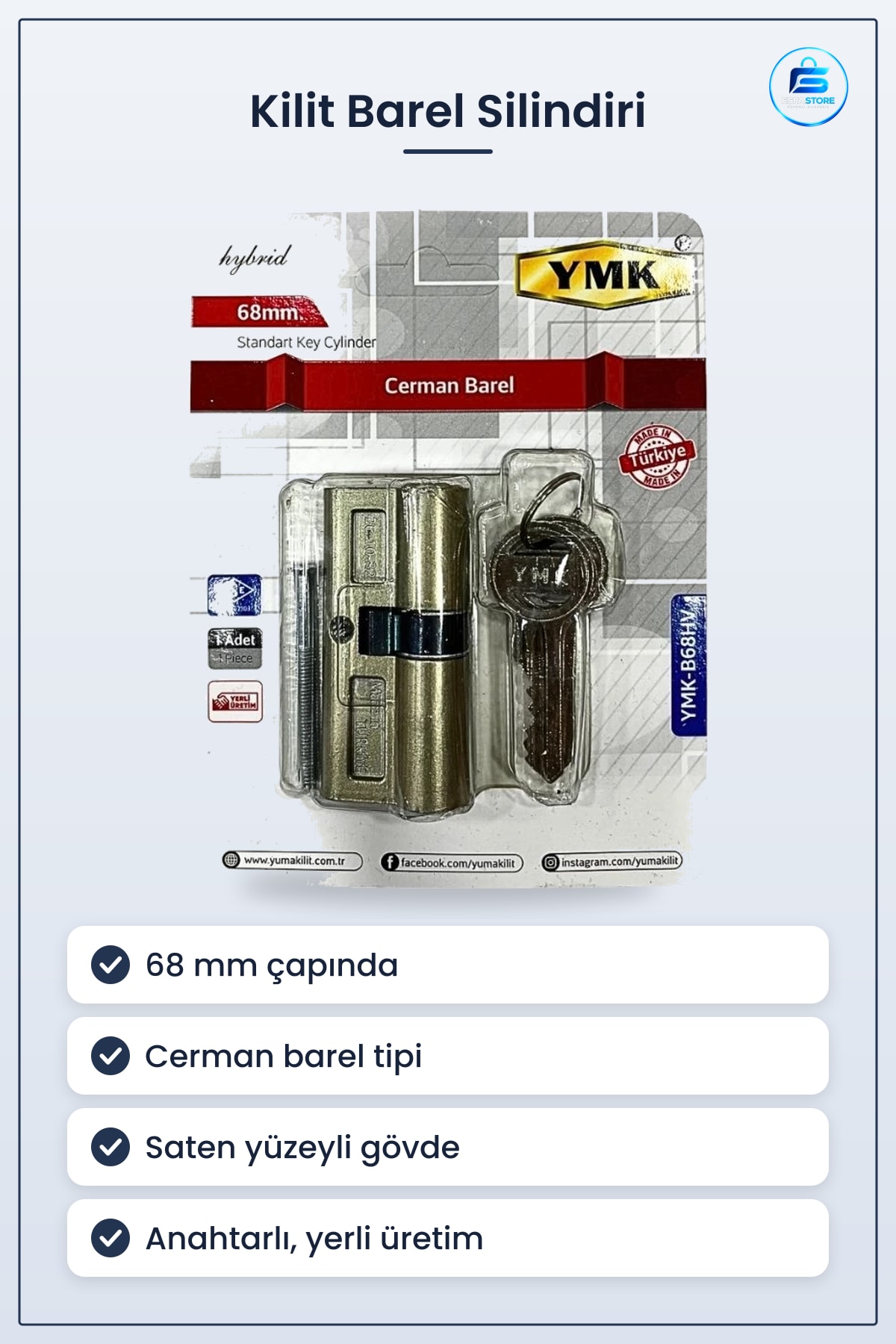Kilit Barel Silindiri 68mm Cerman Saten Yüzeyli Kapı Kilidi Standart Anahtarlı Yerli Üretim