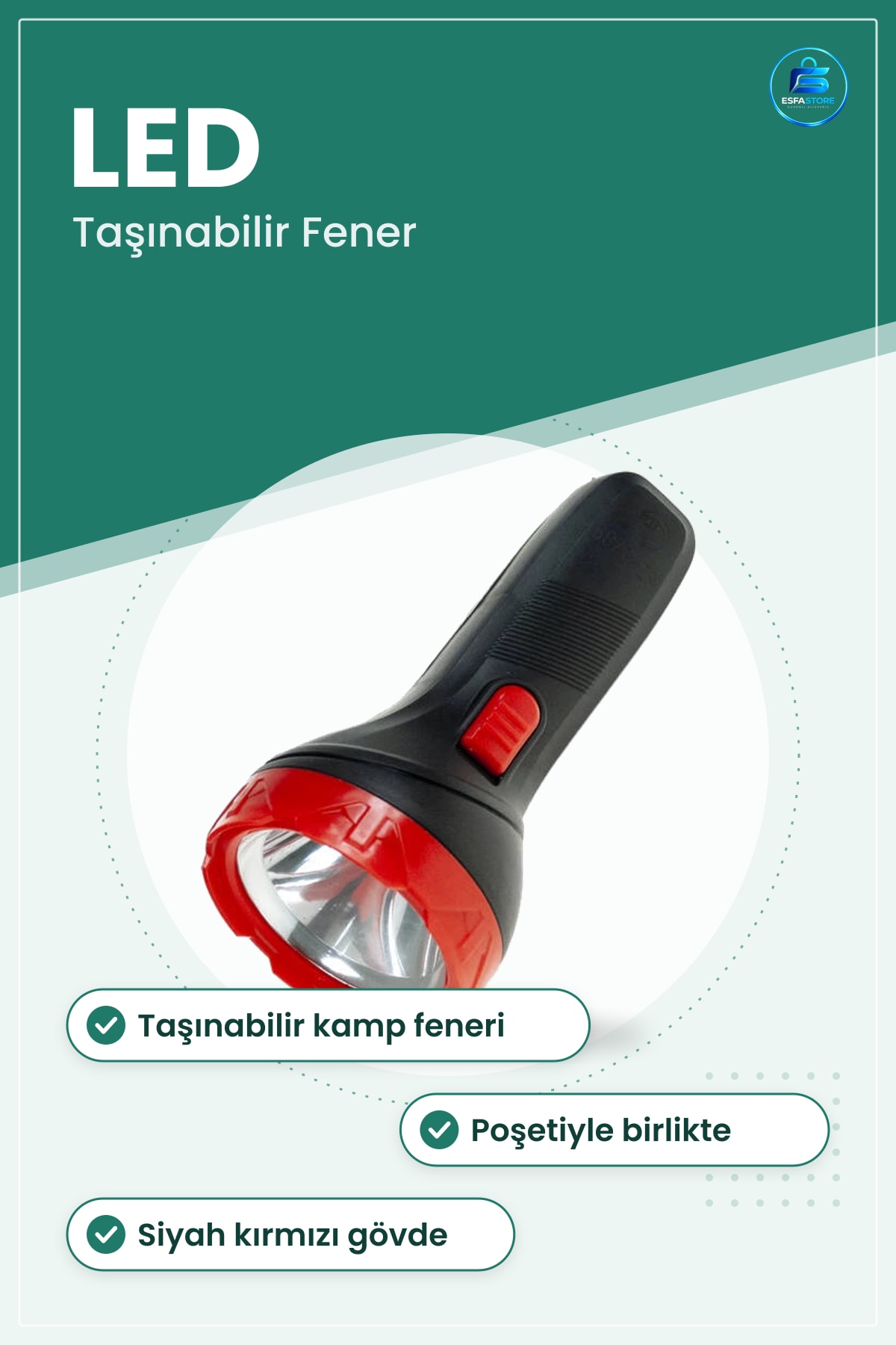 El Feneri Pilli Poşetli Taşınabilir Kamp ve Acil Durum Aydınlatma LED Siyah Kırmızı Gövde