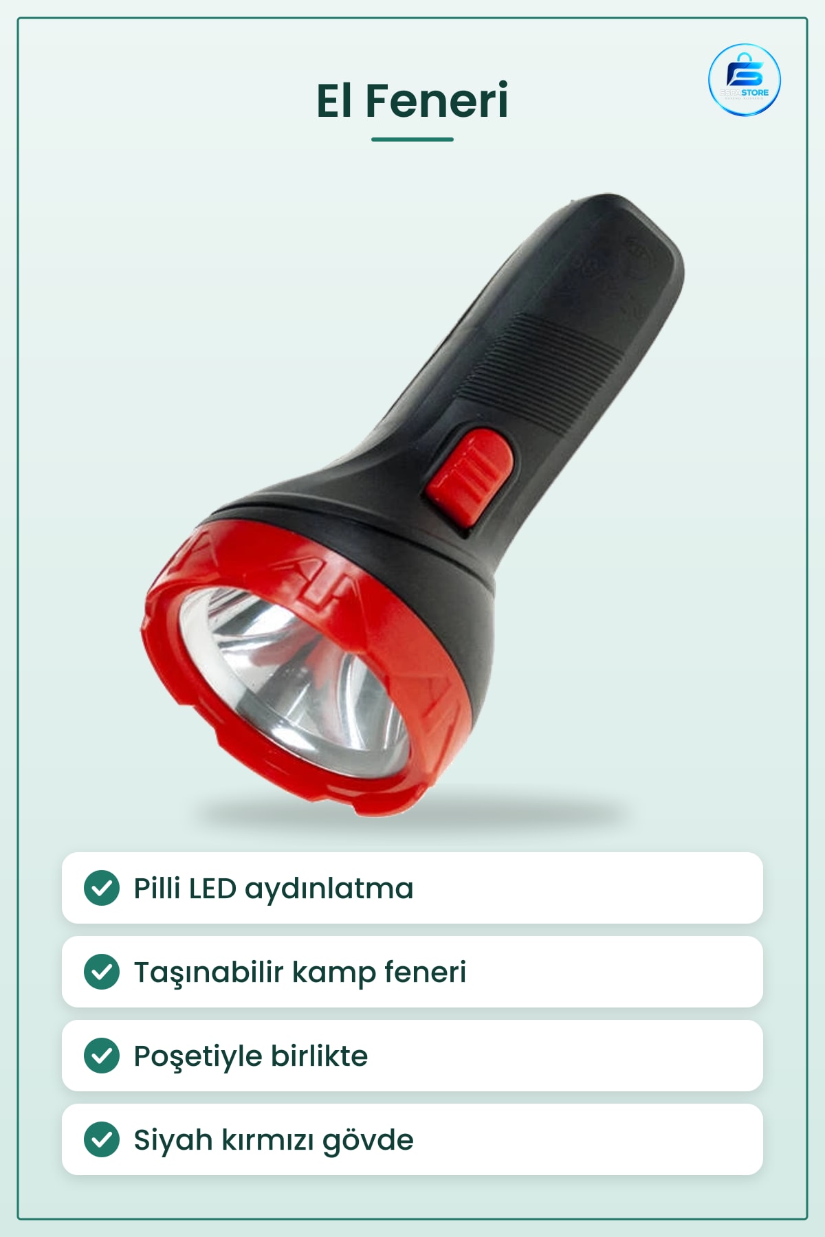 El Feneri Pilli Poşetli Taşınabilir Kamp ve Acil Durum Aydınlatma LED Siyah Kırmızı Gövde
