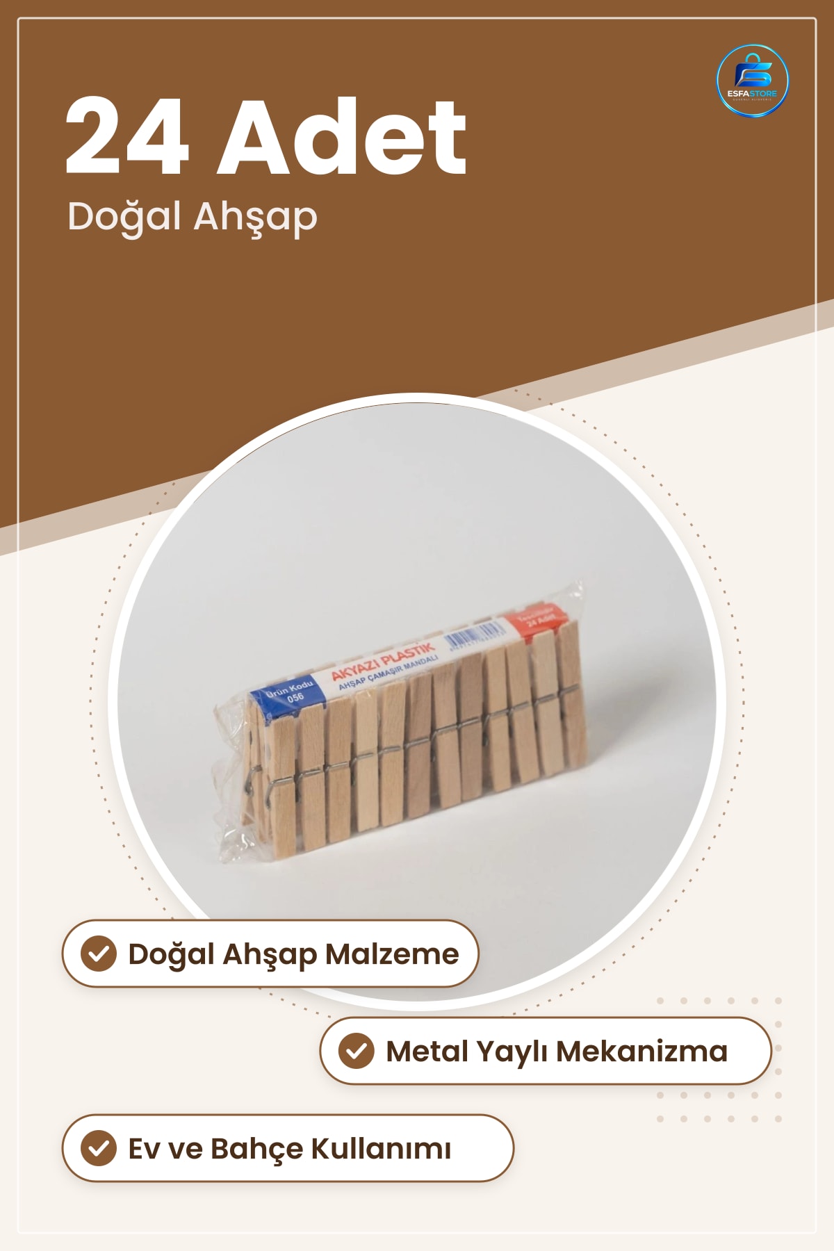 Tahta Mandal 24 Adet Doğal Ahşap Çamaşır İpi İçin Kurutma Mandalı Ev ve Bahçe Kullanımı