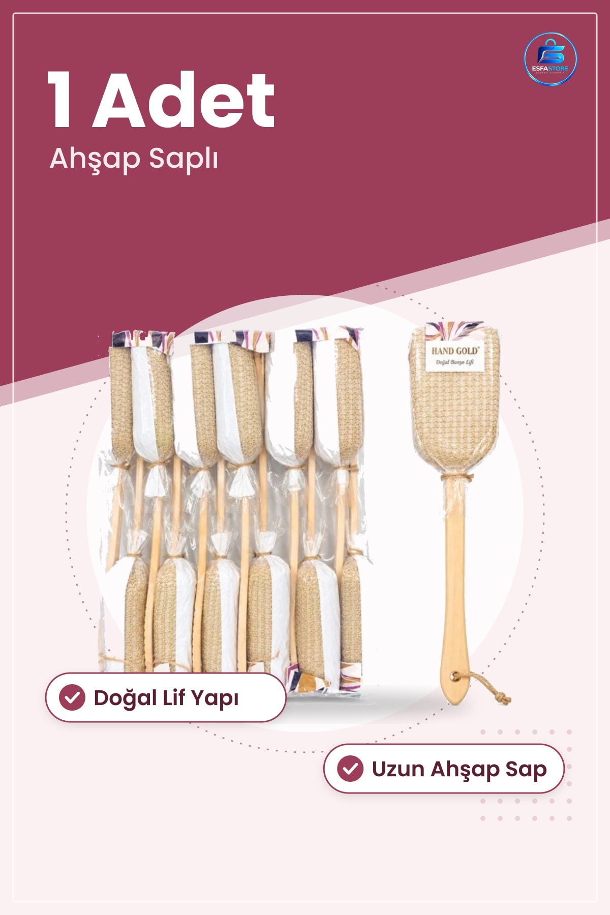 Ahşap Saplı Banyo Lifi Masaj Kesesi Doğal Lif Sırt Temizleme Duş Vücut Aksesuarı 1 Adet