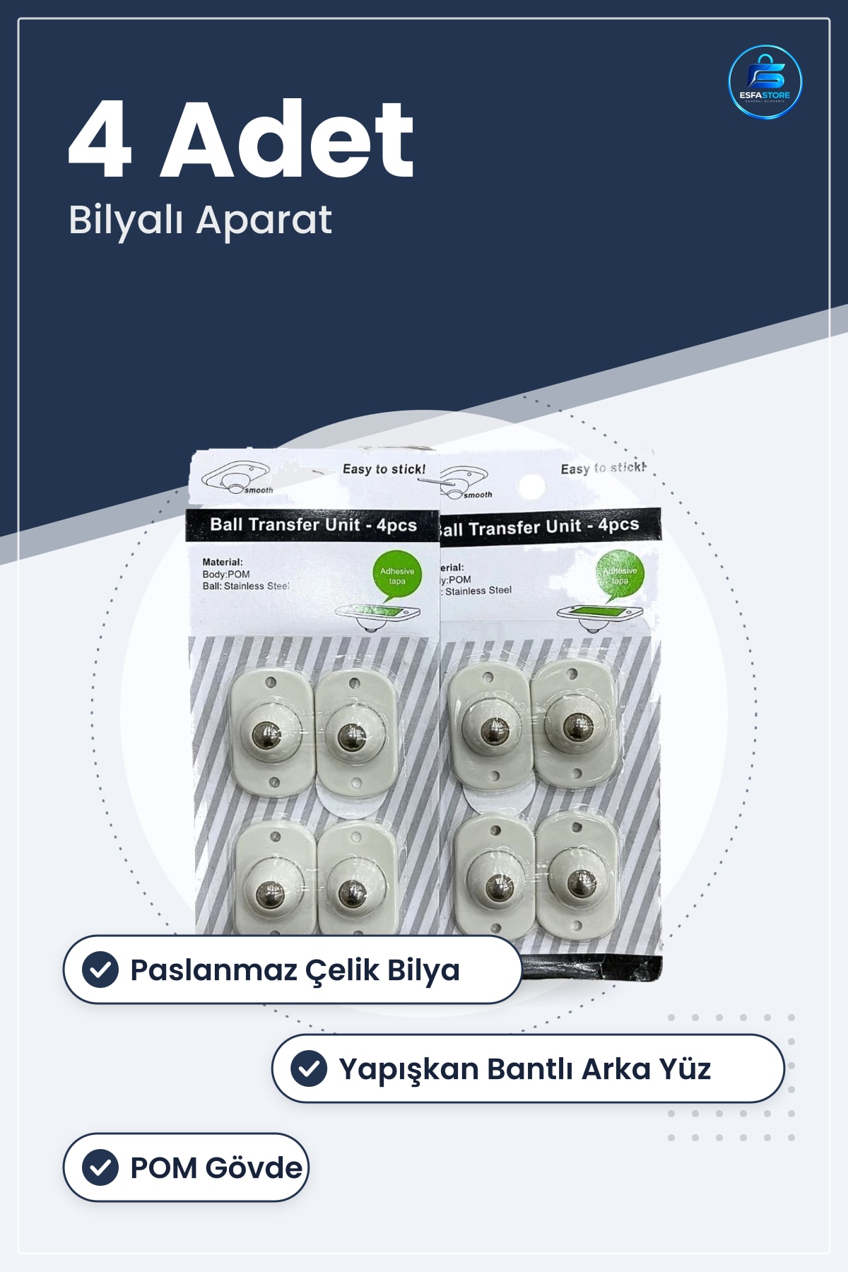 Bilyalı Taşıma Arabası Eşya Kaldırma Aparatı 4 Adet Paslanmaz Çelik Bilya Yapışkanlı Mobilya