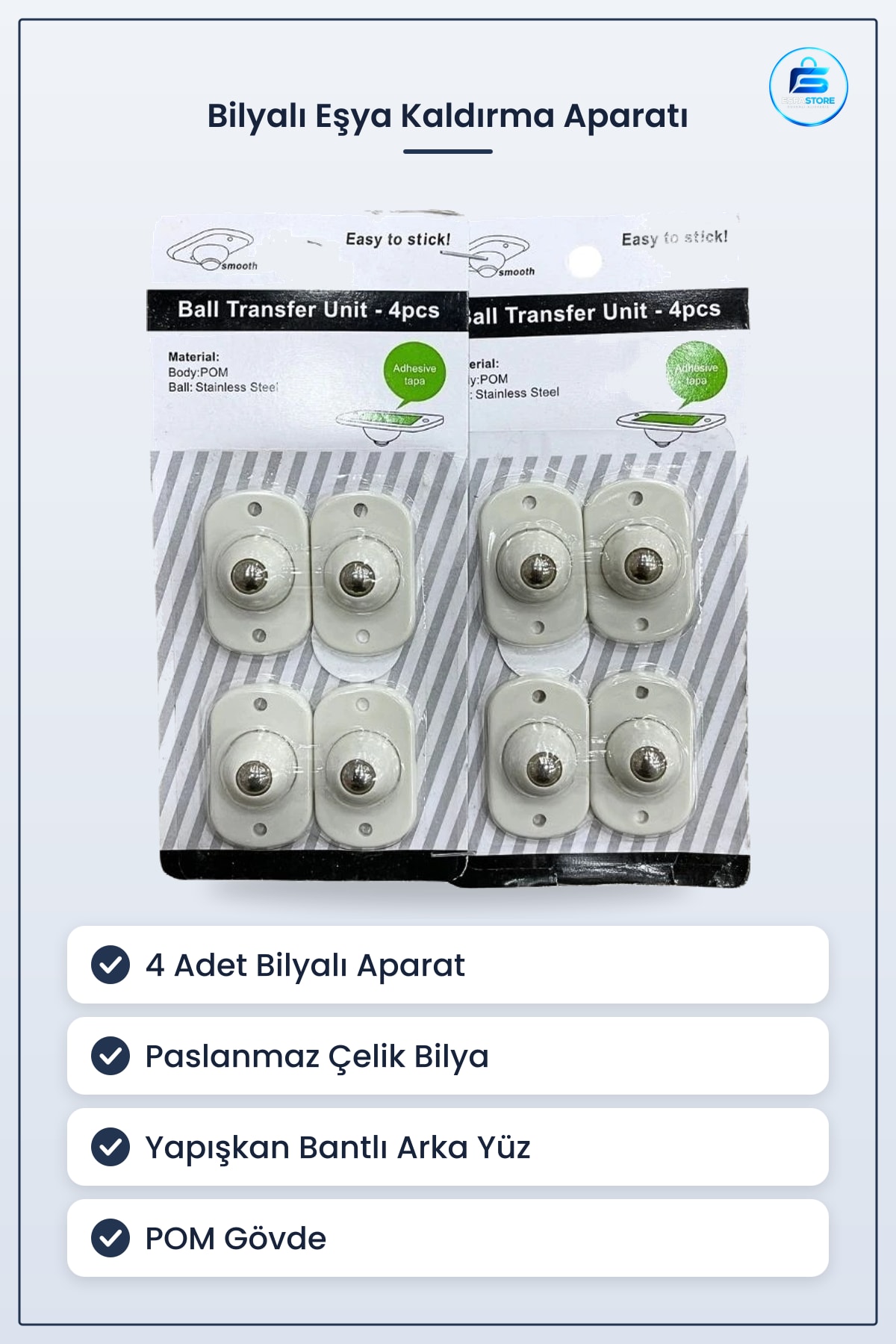 Bilyalı Taşıma Arabası Eşya Kaldırma Aparatı 4 Adet Paslanmaz Çelik Bilya Yapışkanlı Mobilya