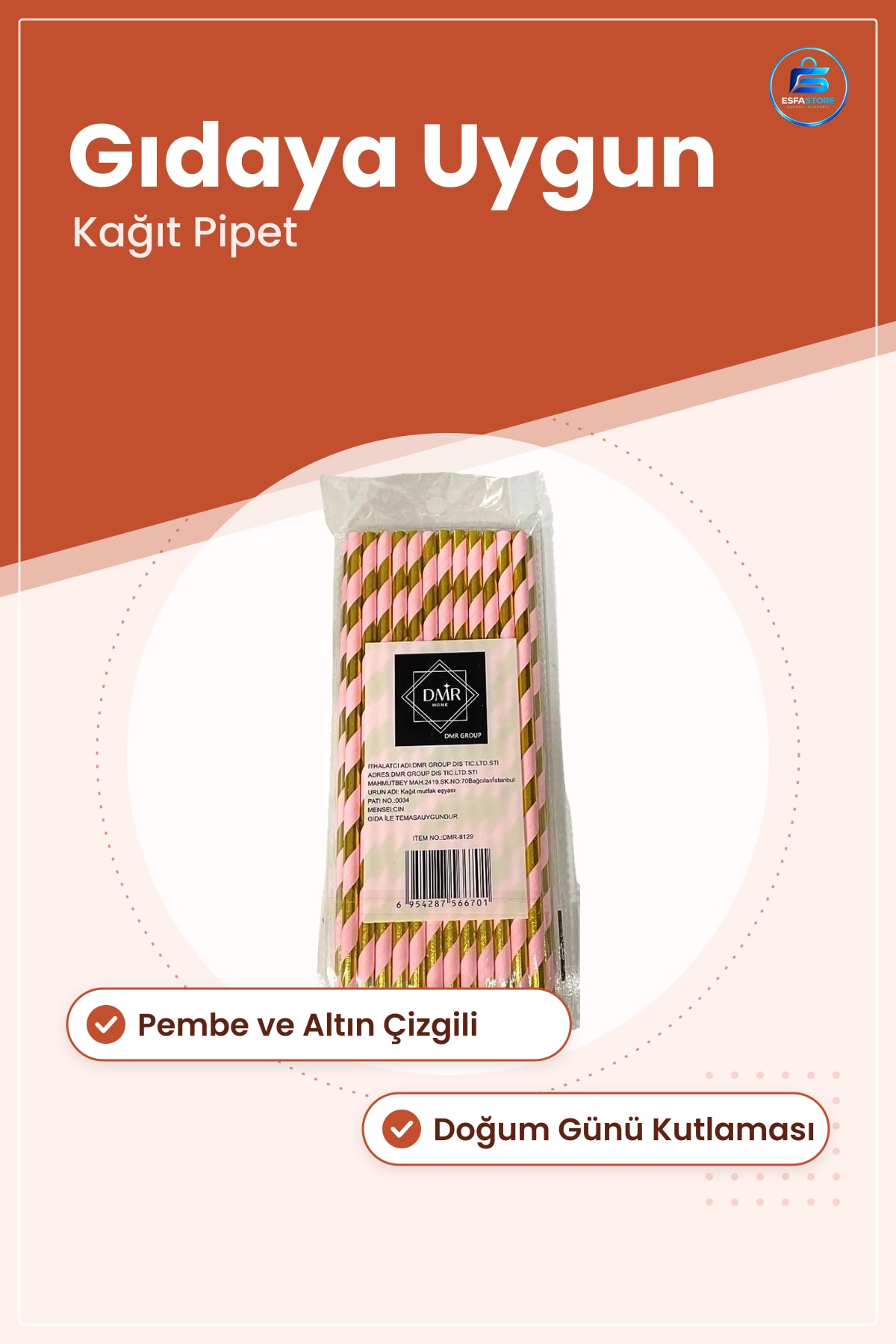 Pipet Kağıt Parti Malzemesi Pembe Altın Çizgili Gıda Teması Doğum Günü Kutlama İçin