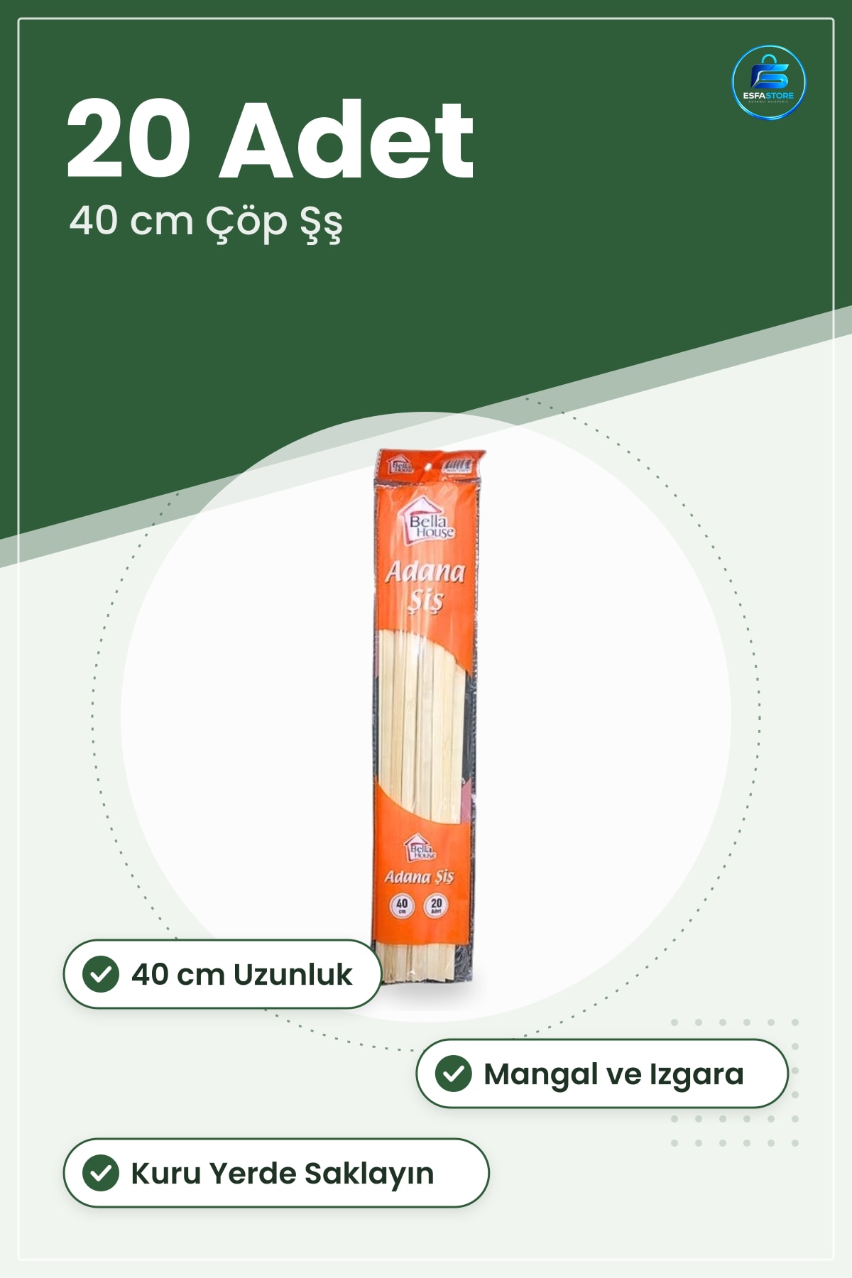 Adana Çöp Şş 40 cm 20 Adet Mangal Aksesuarı Izgara Kebap Şşi Bahçe Barbekü Piknik Seti