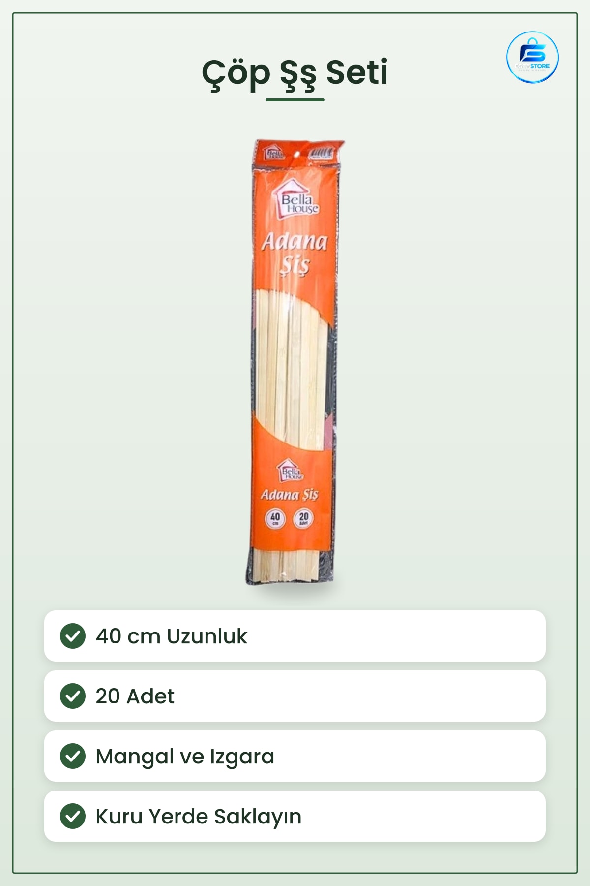 Adana Çöp Şş 40 cm 20 Adet Mangal Aksesuarı Izgara Kebap Şşi Bahçe Barbekü Piknik Seti