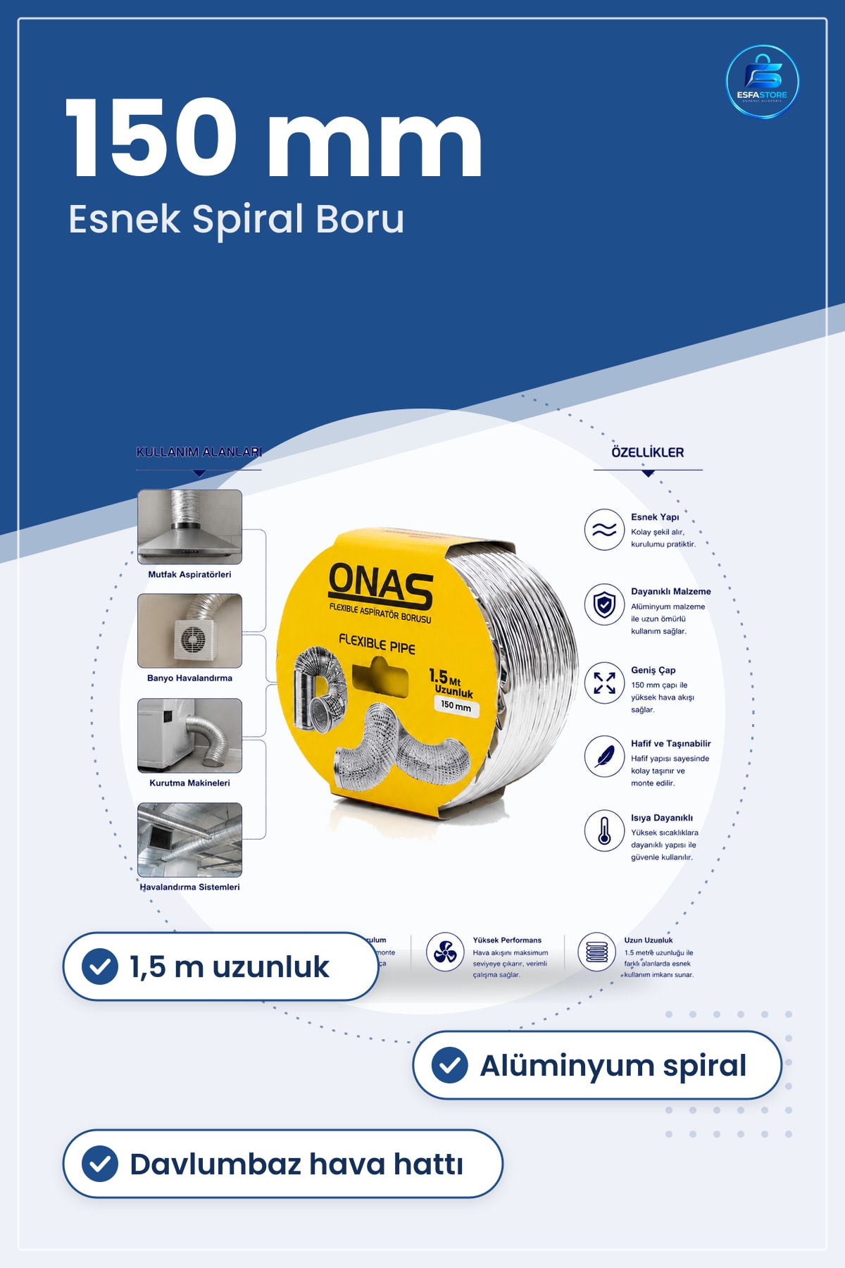 Esnek Aspiratör Borusu 150 mm x 1,5 m Alüminyum Spiral Davlumbaz Mutfak Hava Tahliye Hattı
