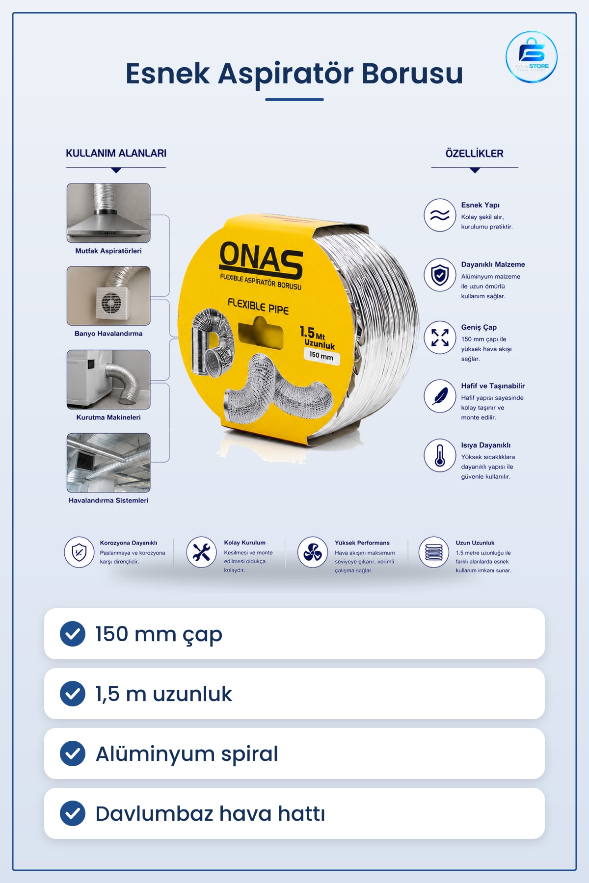 Esnek Aspiratör Borusu 150 mm x 1,5 m Alüminyum Spiral Davlumbaz Mutfak Hava Tahliye Hattı