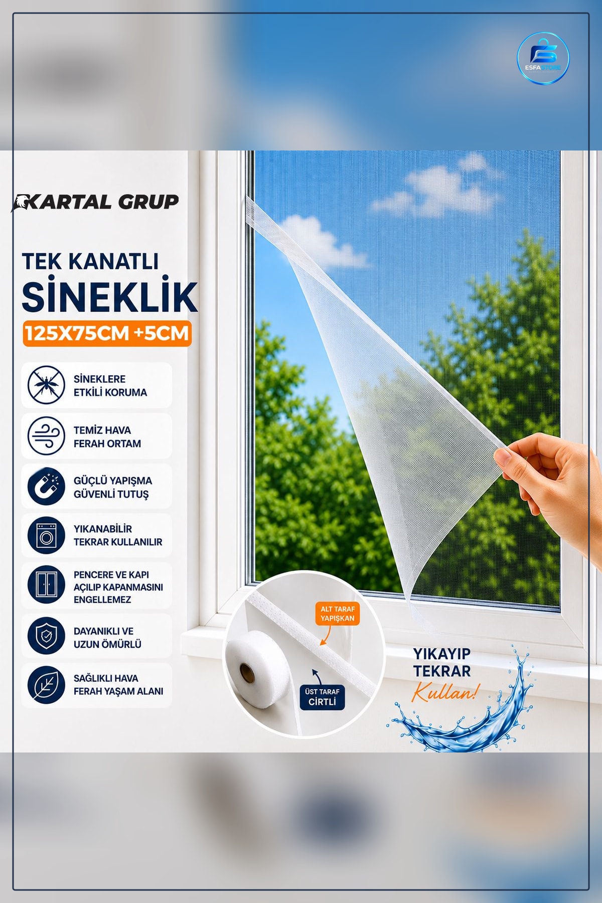 Sinek Perdesi Pencere Sineklik 125x75 cm Tek Kanat Polyester Örgülü Cırtlı Yıkanabilir Ofis Balkon