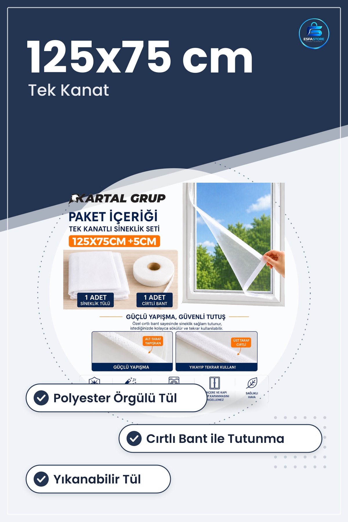Sinek Perdesi Pencere Sineklik 125x75 cm Tek Kanat Polyester Örgülü Cırtlı Yıkanabilir Ofis Balkon