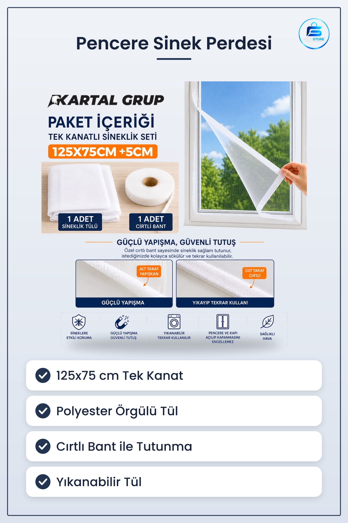 Sinek Perdesi Pencere Sineklik 125x75 cm Tek Kanat Polyester Örgülü Cırtlı Yıkanabilir Ofis Balkon