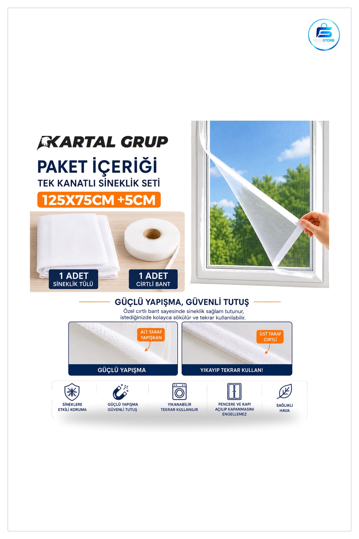 Sinek Perdesi Pencere Sineklik 125x75 cm Tek Kanat Polyester Örgülü Cırtlı Yıkanabilir Ofis Balkon
