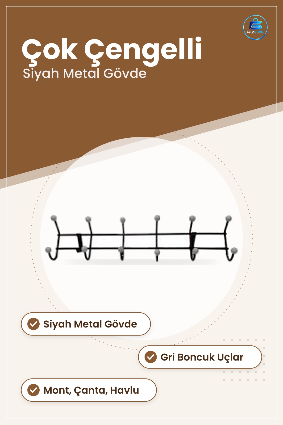 Askılık Siyah Metal Boncuklu Duvar Tipi Mont Havlu Çanta Elbise Antre Hol Dayanıklı Dekoratif