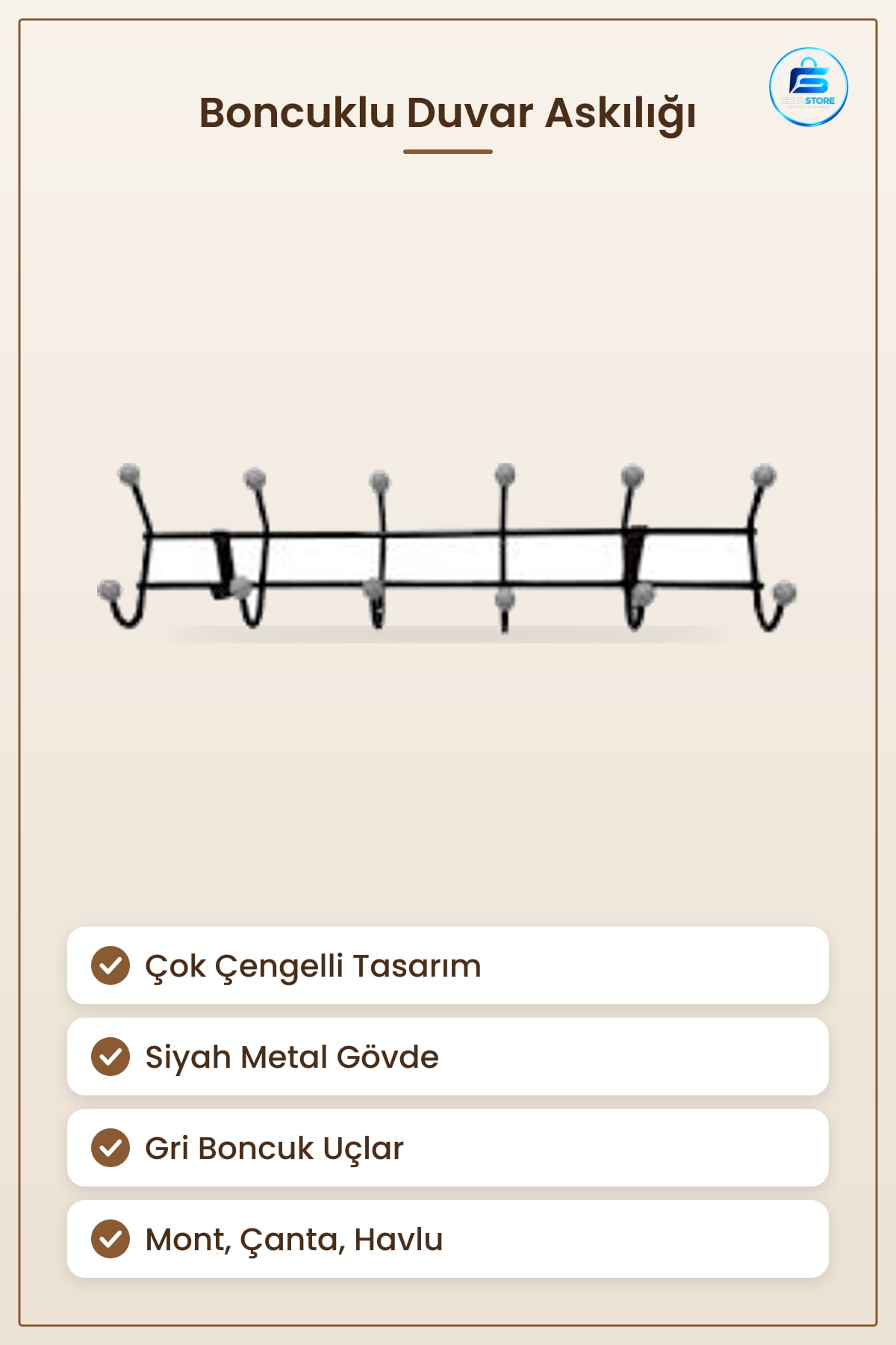 Askılık Siyah Metal Boncuklu Duvar Tipi Mont Havlu Çanta Elbise Antre Hol Dayanıklı Dekoratif