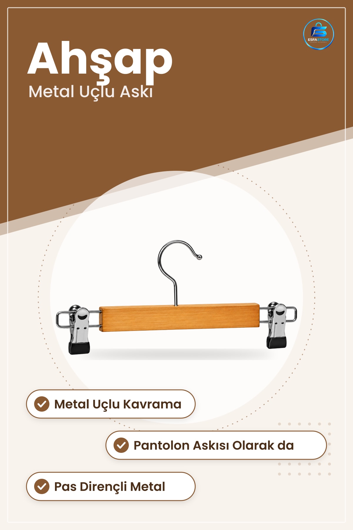 Ahşap Askı Metal Mandallı Etek Pantolon Kıyafet Düzenleyici Gardırop Dolap İçi Düzen Kumaş