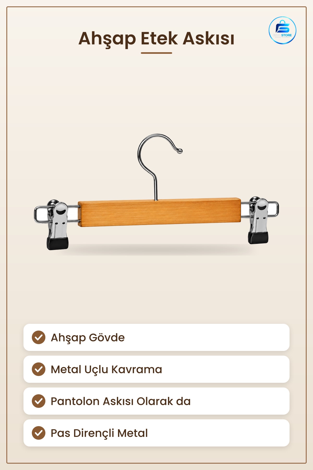 Ahşap Askı Metal Mandallı Etek Pantolon Kıyafet Düzenleyici Gardırop Dolap İçi Düzen Kumaş