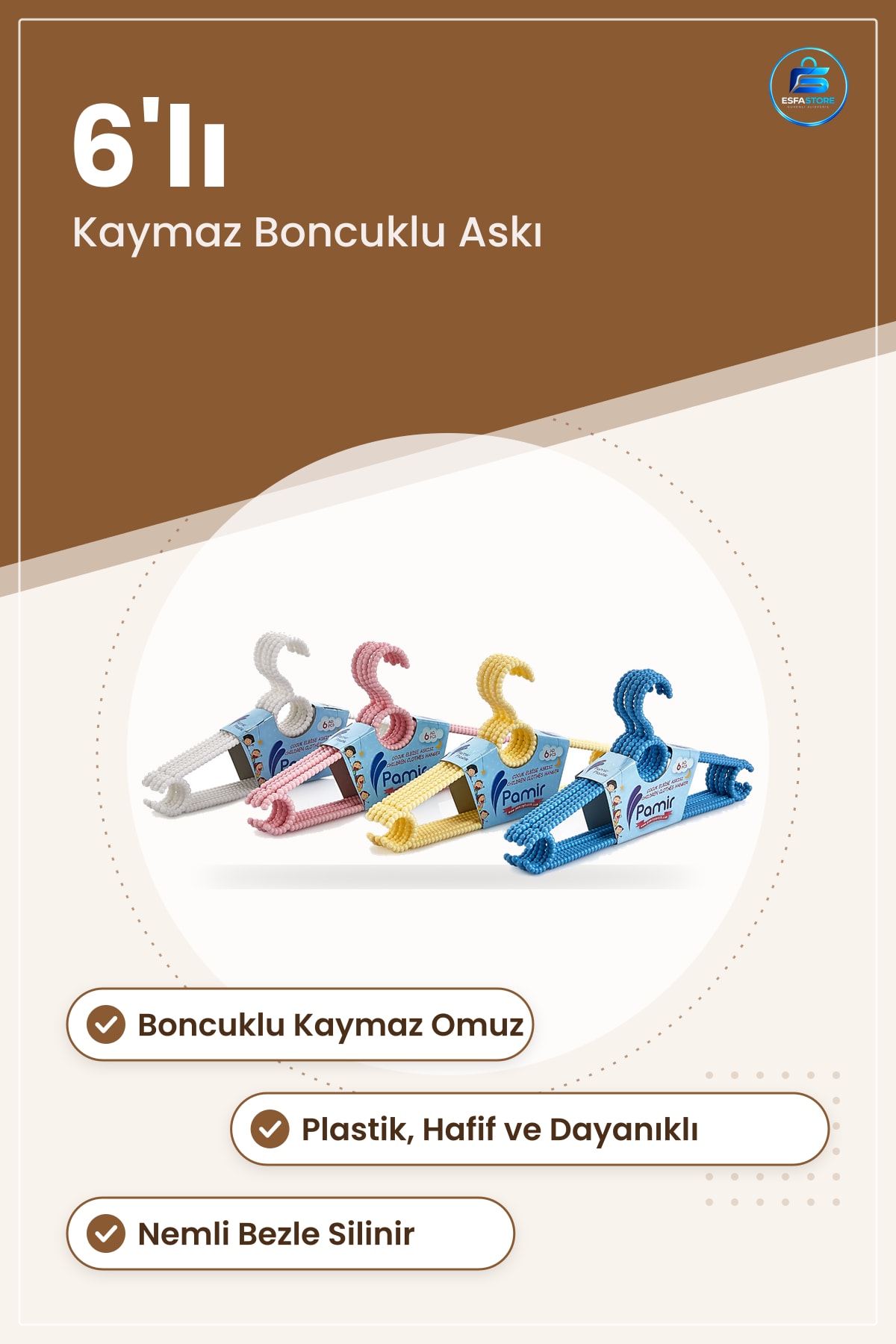 Çocuk Elbise Askısı 6'lı Plastik Boncuklu Kaymaz Dolap Düzenleyici Gardırop Askı Hafif Dayanıklı