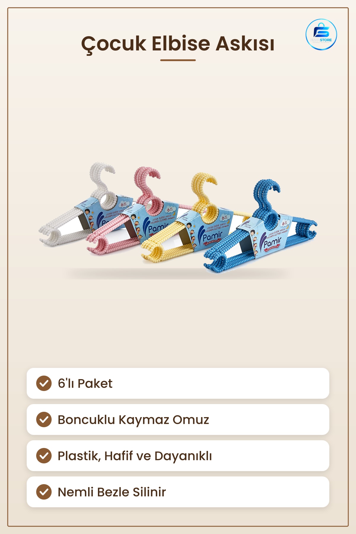 Çocuk Elbise Askısı 6'lı Plastik Boncuklu Kaymaz Dolap Düzenleyici Gardırop Askı Hafif Dayanıklı