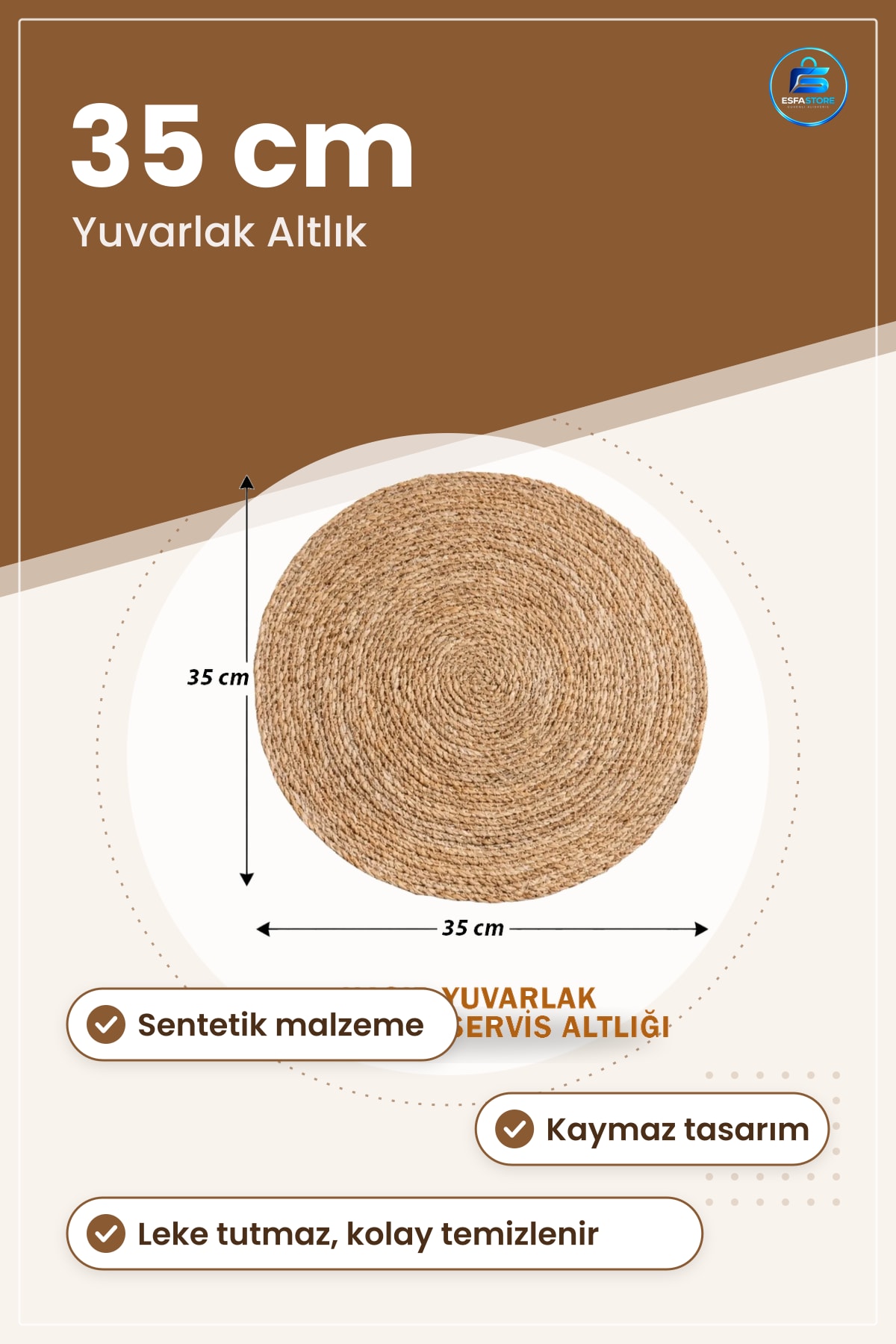Amerikan Servis Altlığı 35 cm Yuvarlak Hasır Görünümlü Sentetik Runner Masa Koruyucu Mutfak
