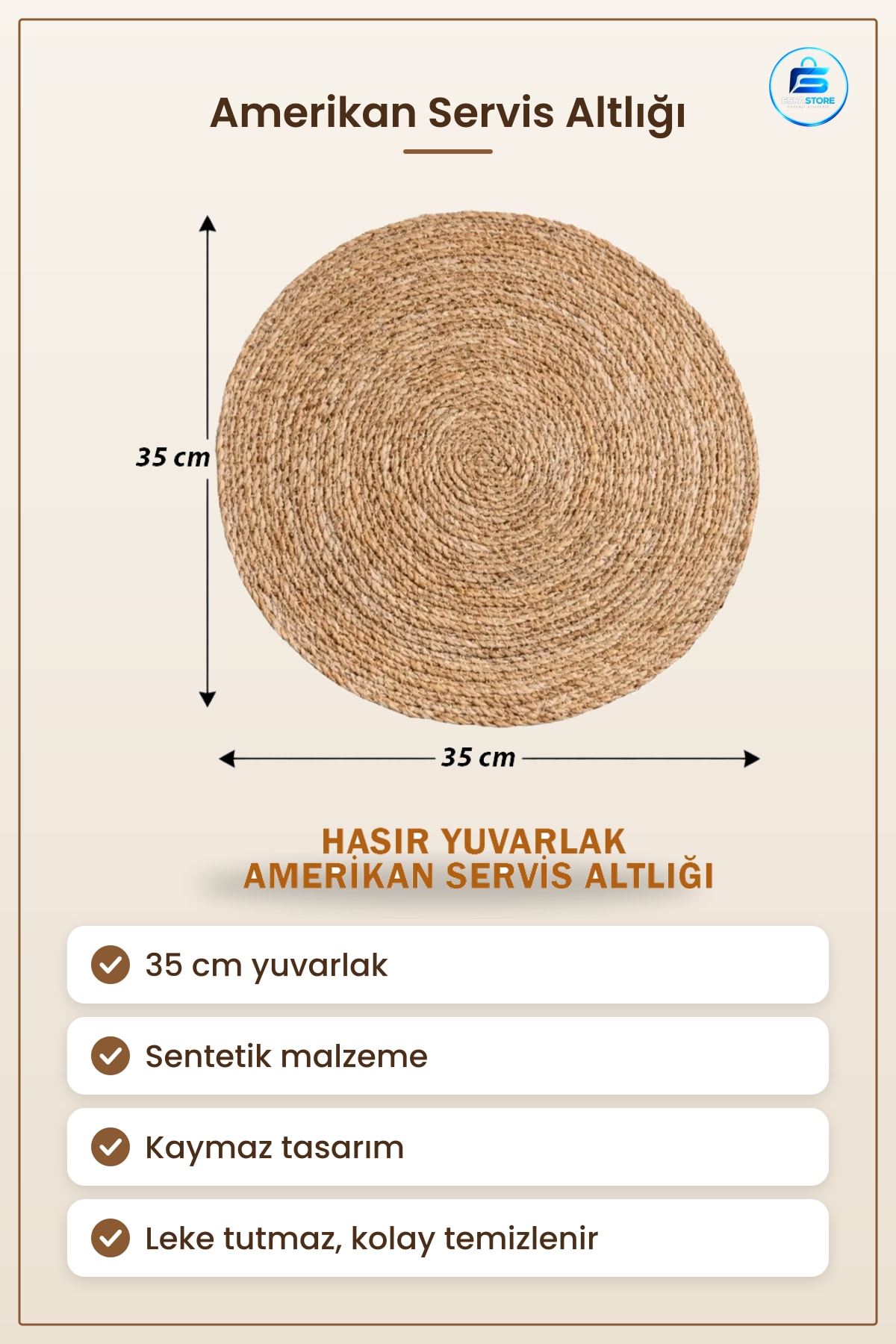 Amerikan Servis Altlığı 35 cm Yuvarlak Hasır Görünümlü Sentetik Runner Masa Koruyucu Mutfak