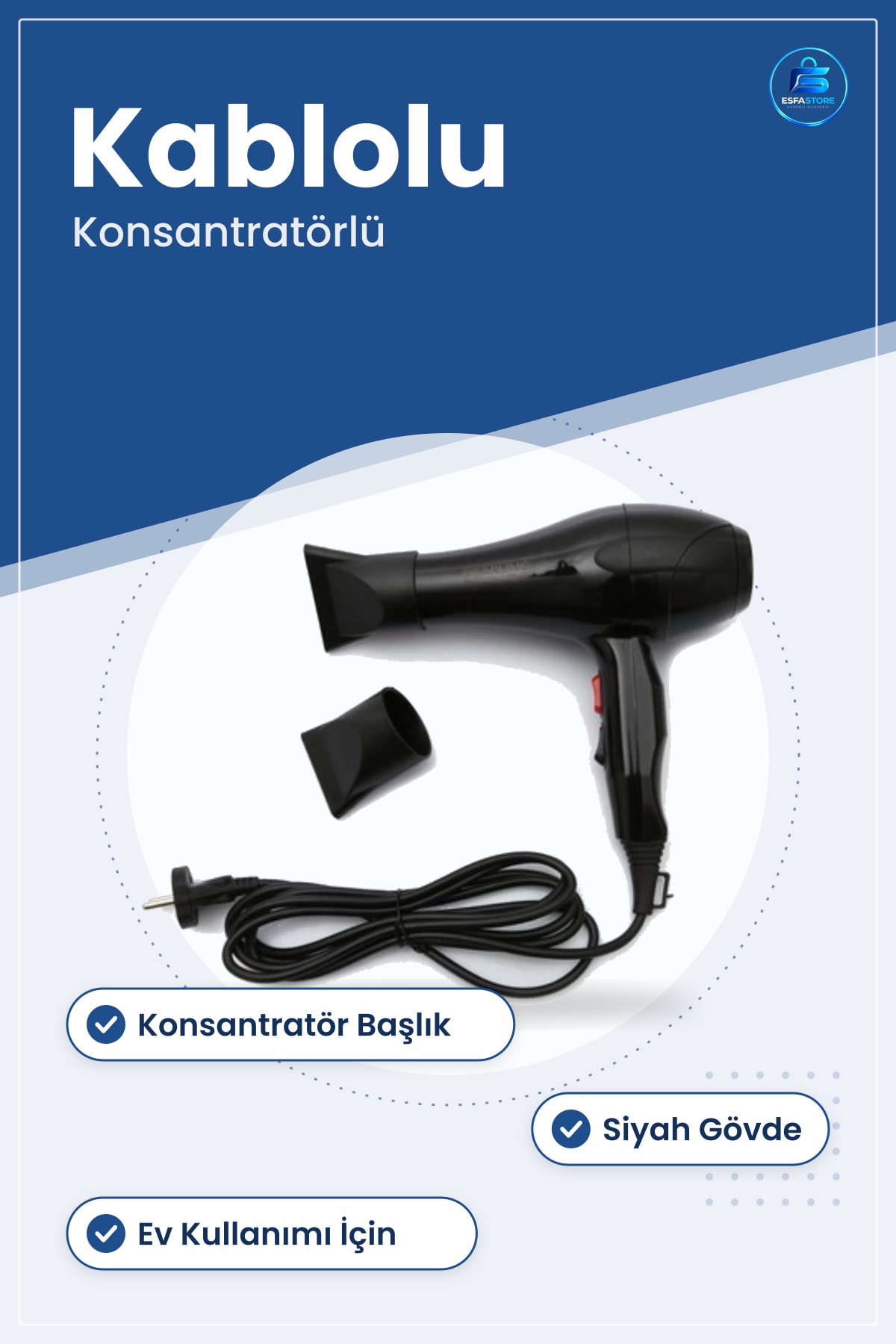 Saç Kurutma Makinesi Siyah Konsantratörlü Kişisel Bakım Aleti Fönlük Kablolu Ev Kullanımı