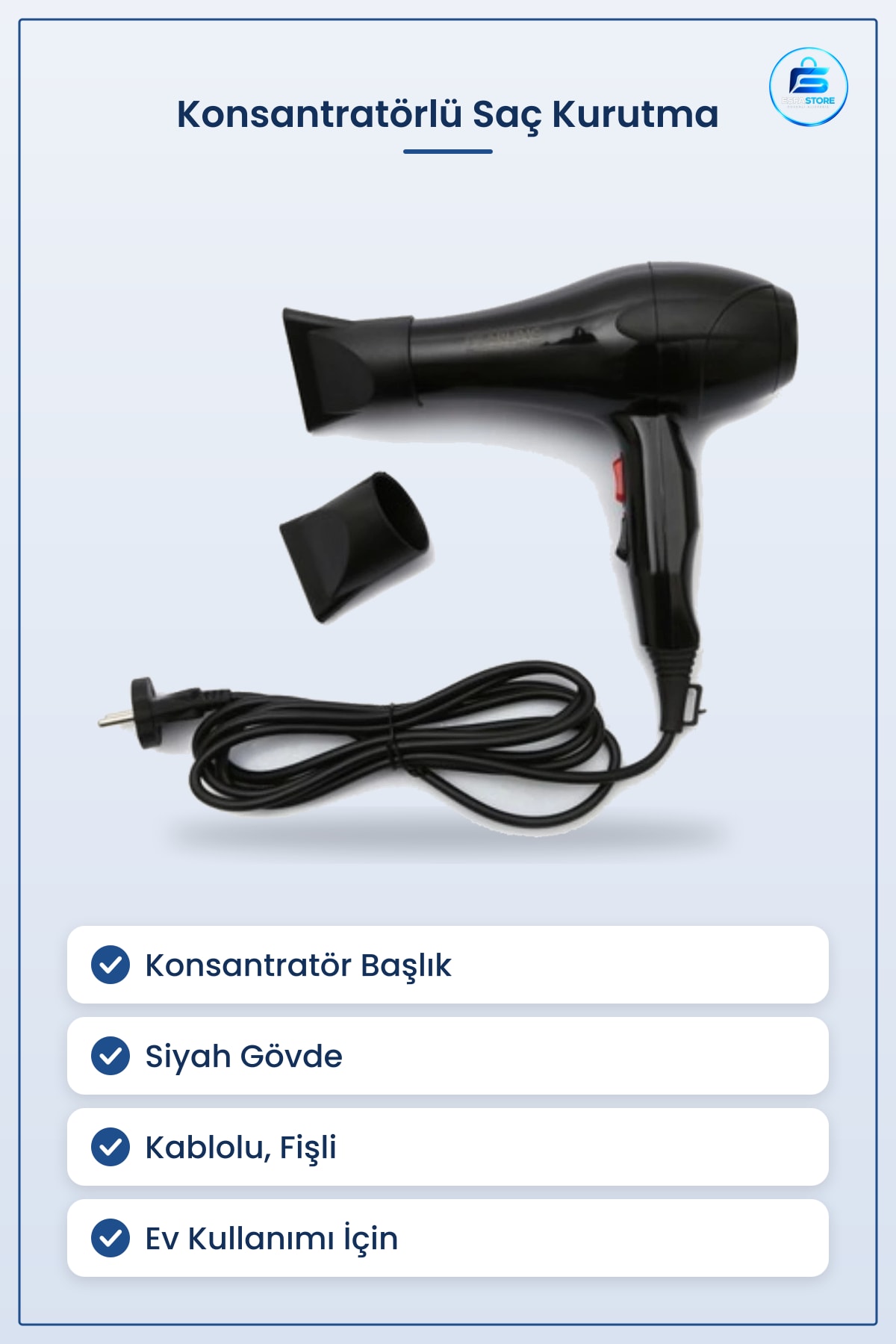 Saç Kurutma Makinesi Siyah Konsantratörlü Kişisel Bakım Aleti Fönlük Kablolu Ev Kullanımı