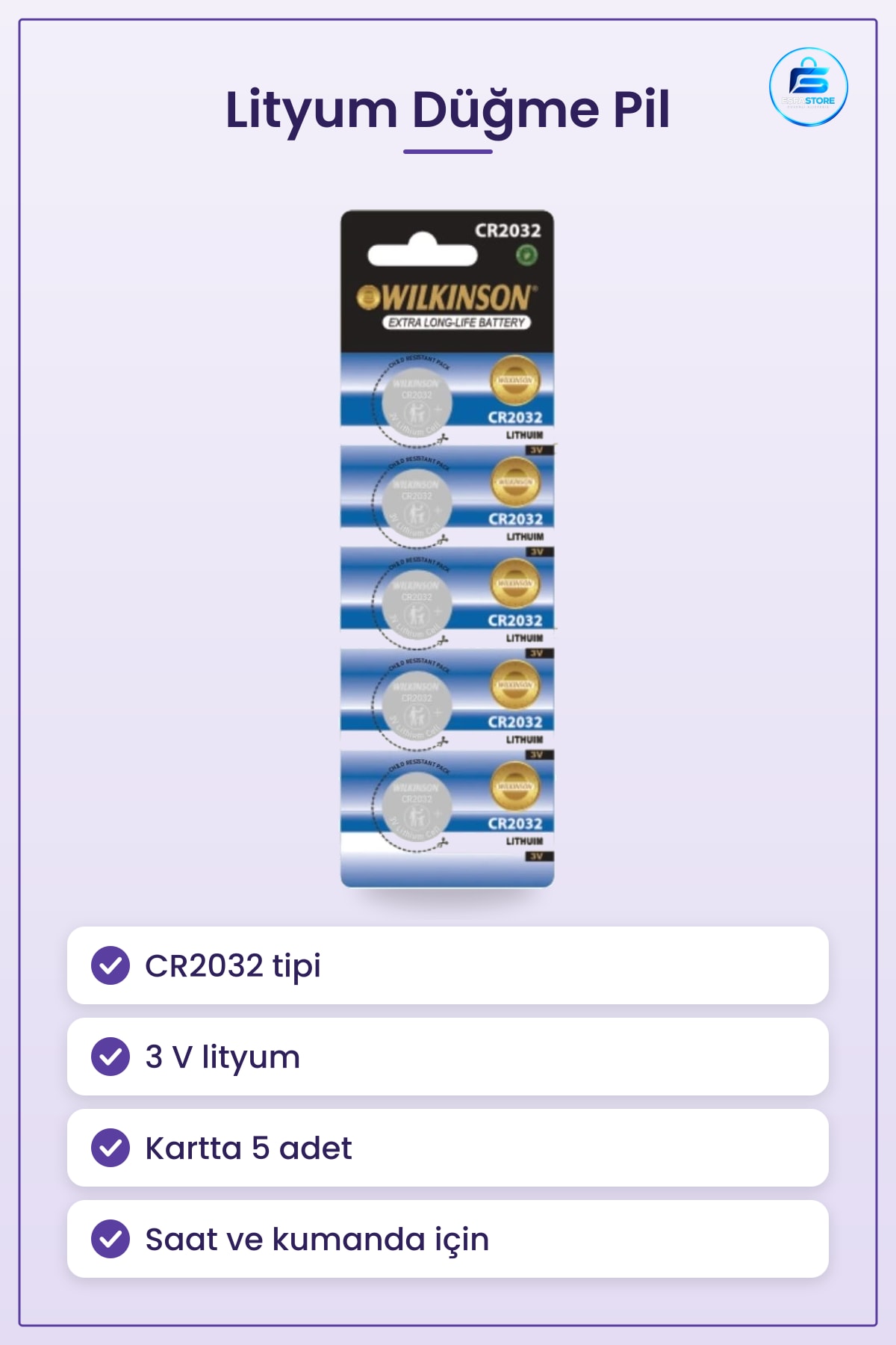 Pil CR2032 3V Lityum Düğme Tipi 5 Adet Uzun Ömürlü Saat Kumanda Anahtarlık Elektronik Cihaz