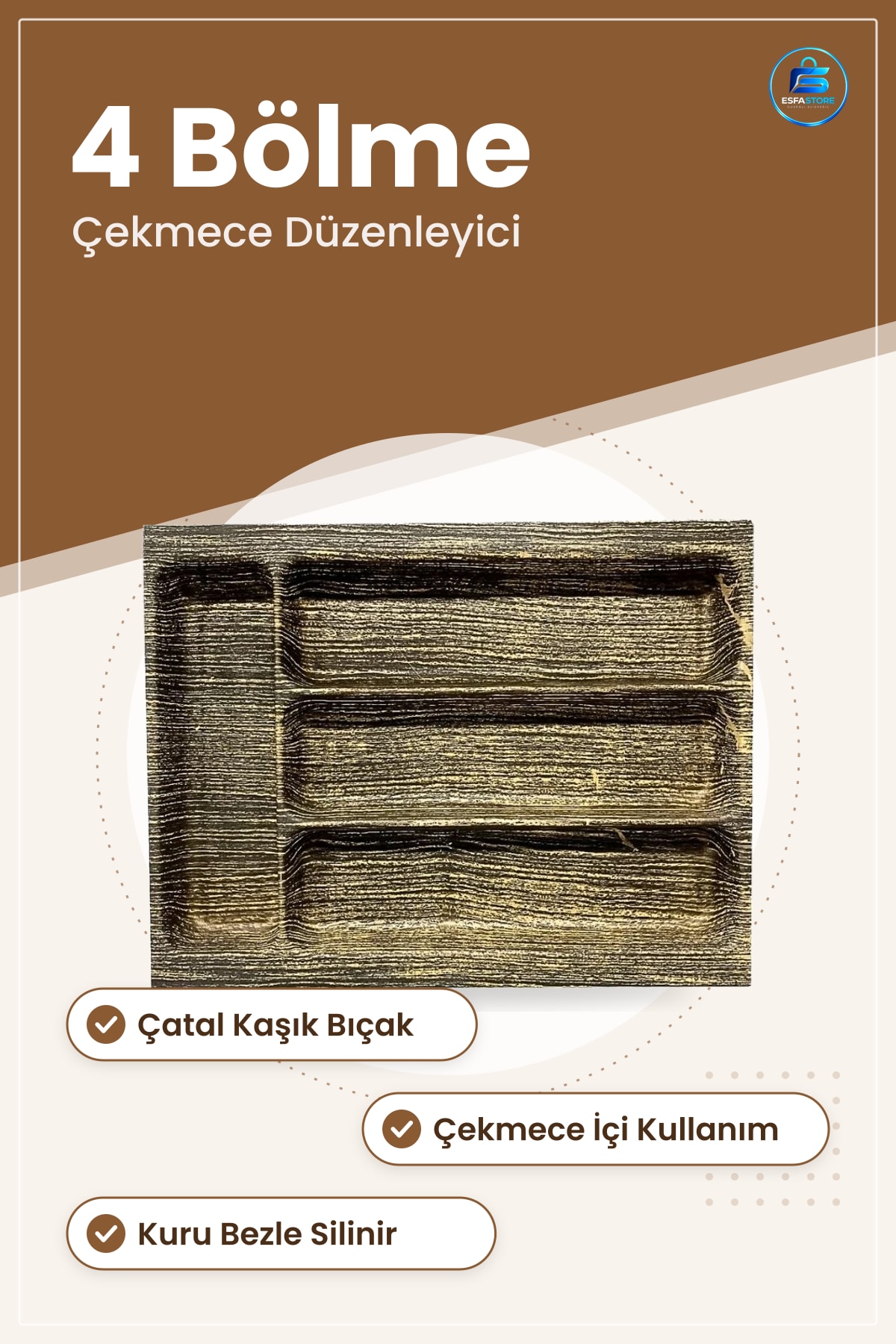 Ankastre Kaşıklık 4 Bölme Ahşap Desenli Mutfak Çekmece Düzenleyici Çatal Bıçak Kaşık Saklama
