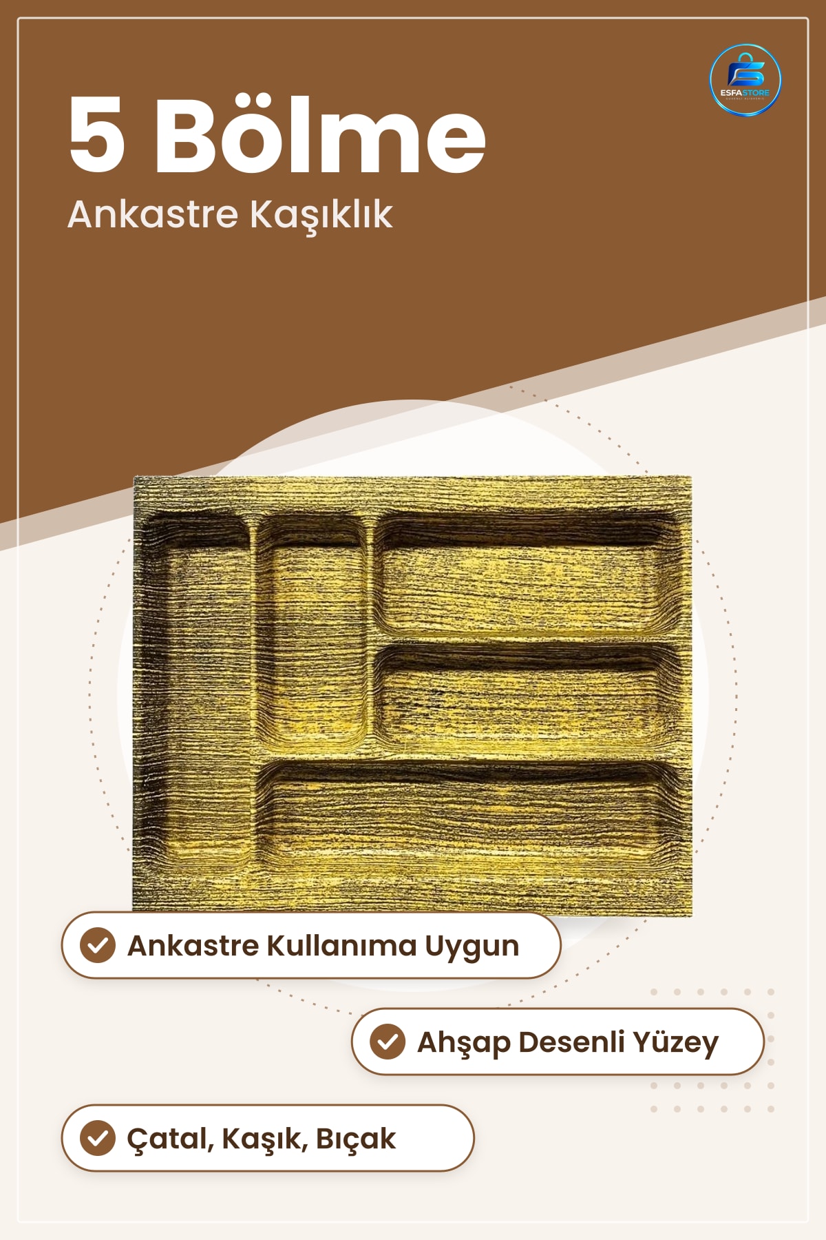 Ahşap Desenli 5 Bölme Ankastre Kaşıklık Mutfak Çekmece İçi Düzenleyici Çatal Bıçak Saklama