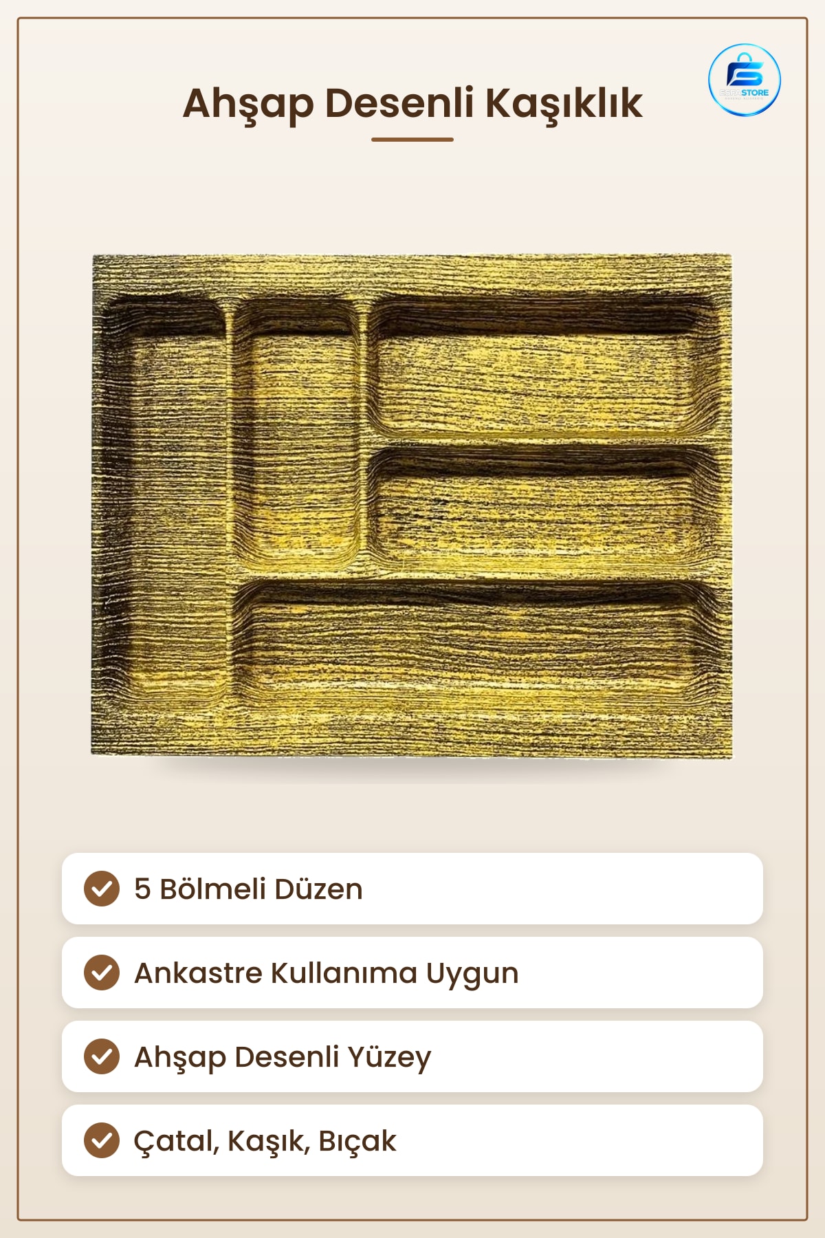 Ahşap Desenli 5 Bölme Ankastre Kaşıklık Mutfak Çekmece İçi Düzenleyici Çatal Bıçak Saklama